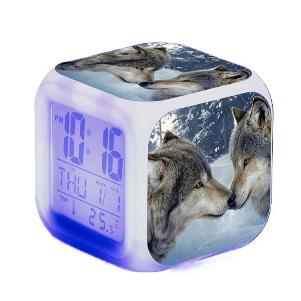 feinlux Wecker Kinder Wecker, mit Temperaturanzeige & nachtlicht, stumm, Muster Wolf Leuchtend, Wochenanzeige, Wecker, Beleuchtung, Dekoration, Thermometer