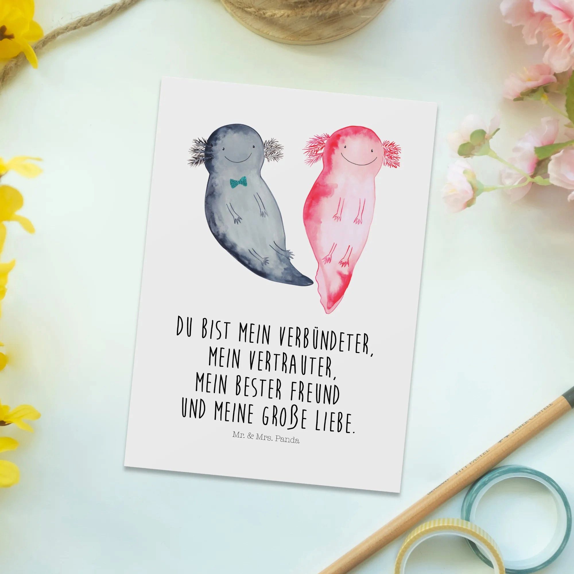 Thumbnail - Mr. & Mrs. Panda Postkarte Axolotl Freundin, Einladungskarten Geburtstag, Einladung Geburtstag, Lustige Sprüche
