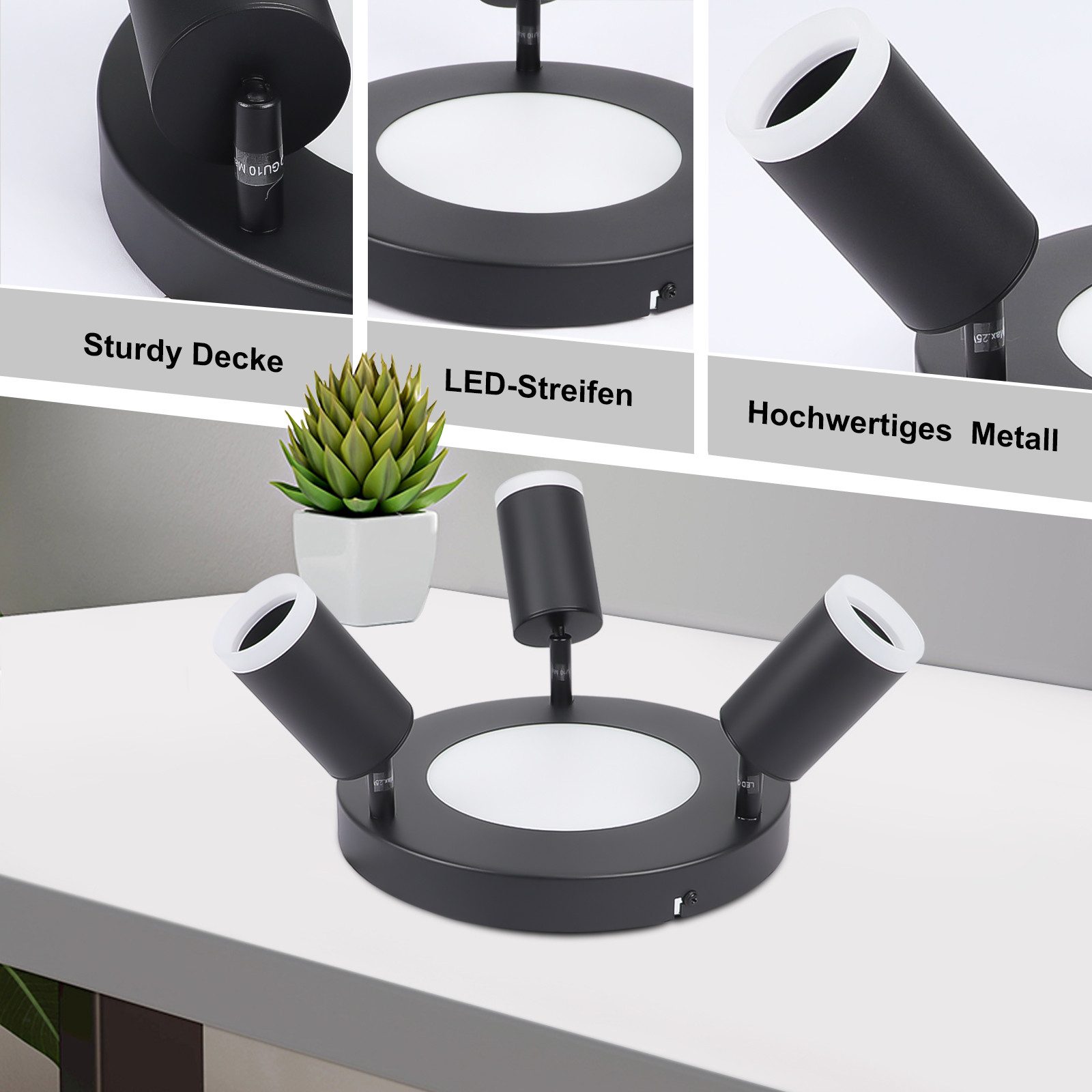 ZMH Deckenstrahler 3 Flammig Schwarz/Weiß GU10 Deckenlampe 20W 3000K für Flur und Küche, Einfache Installation, LED fest integriert, ohne Leuchtmittel, Warmweiß