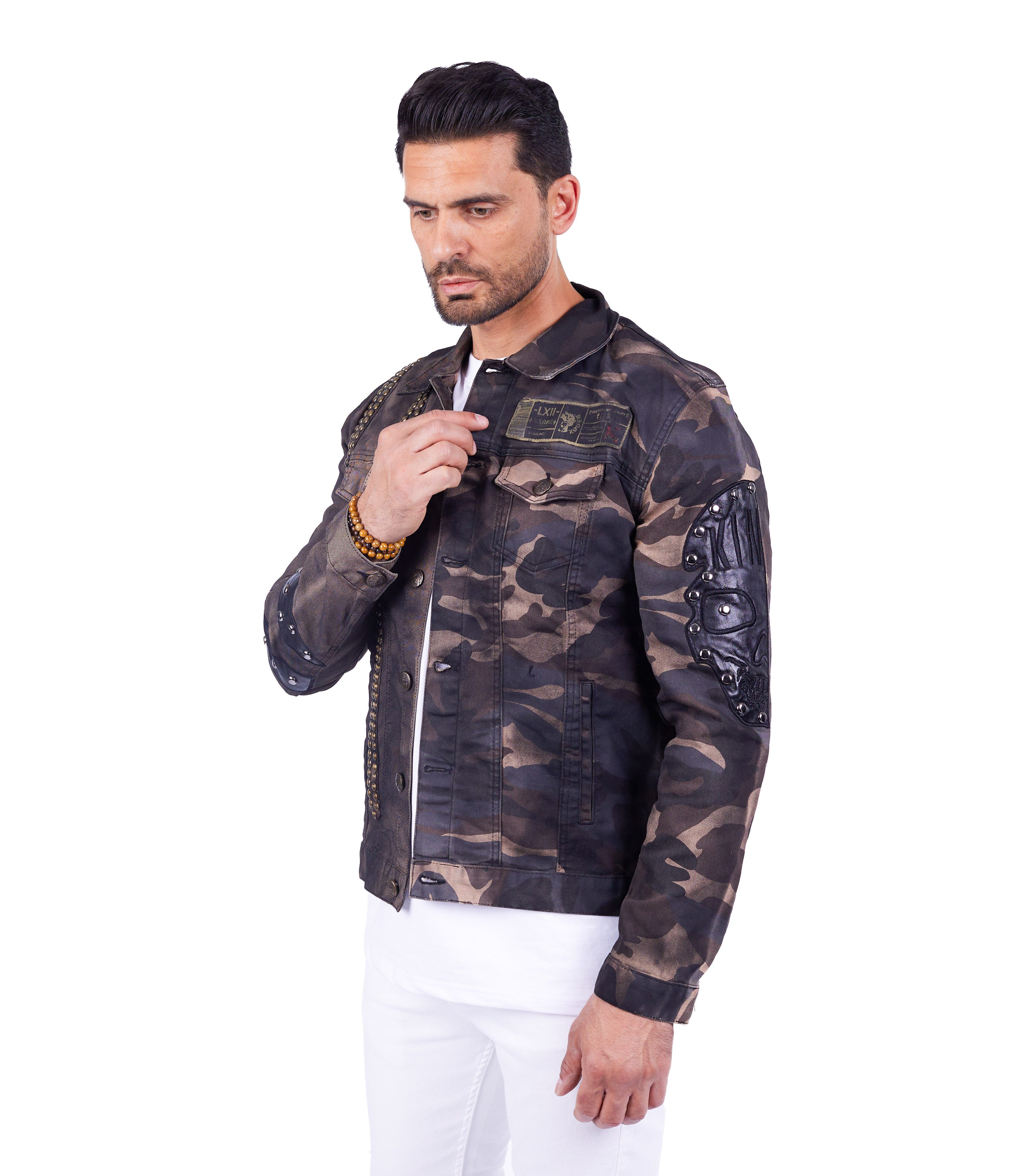 KINGZ Jeansjacke Designer Nieten Totenkopf Militaryjacke günstig online kaufen