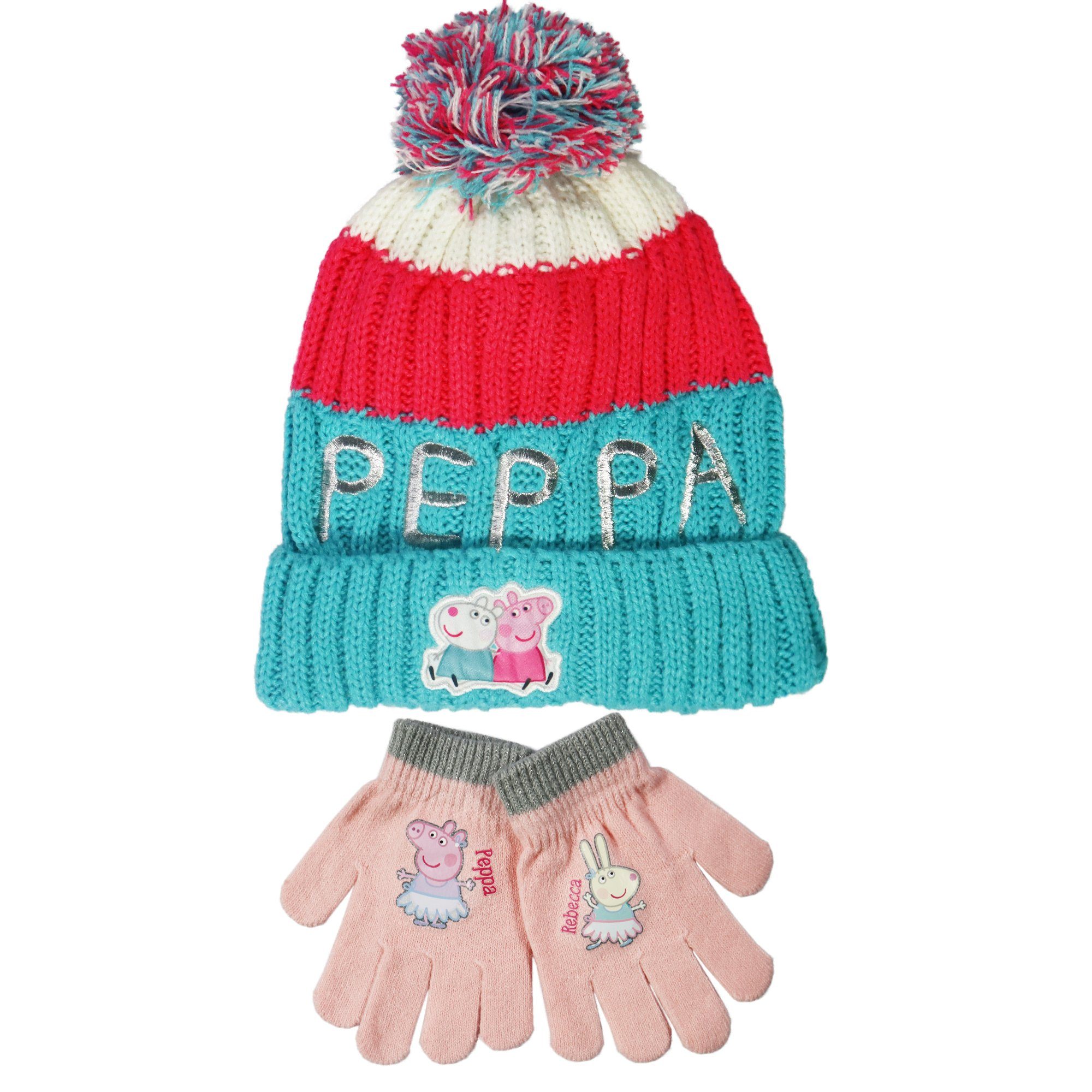 Peppa Pig Bommelmütze Peppa Wutz Kinder Wintermütze plus Handschuhe Gr. 52 bis 54