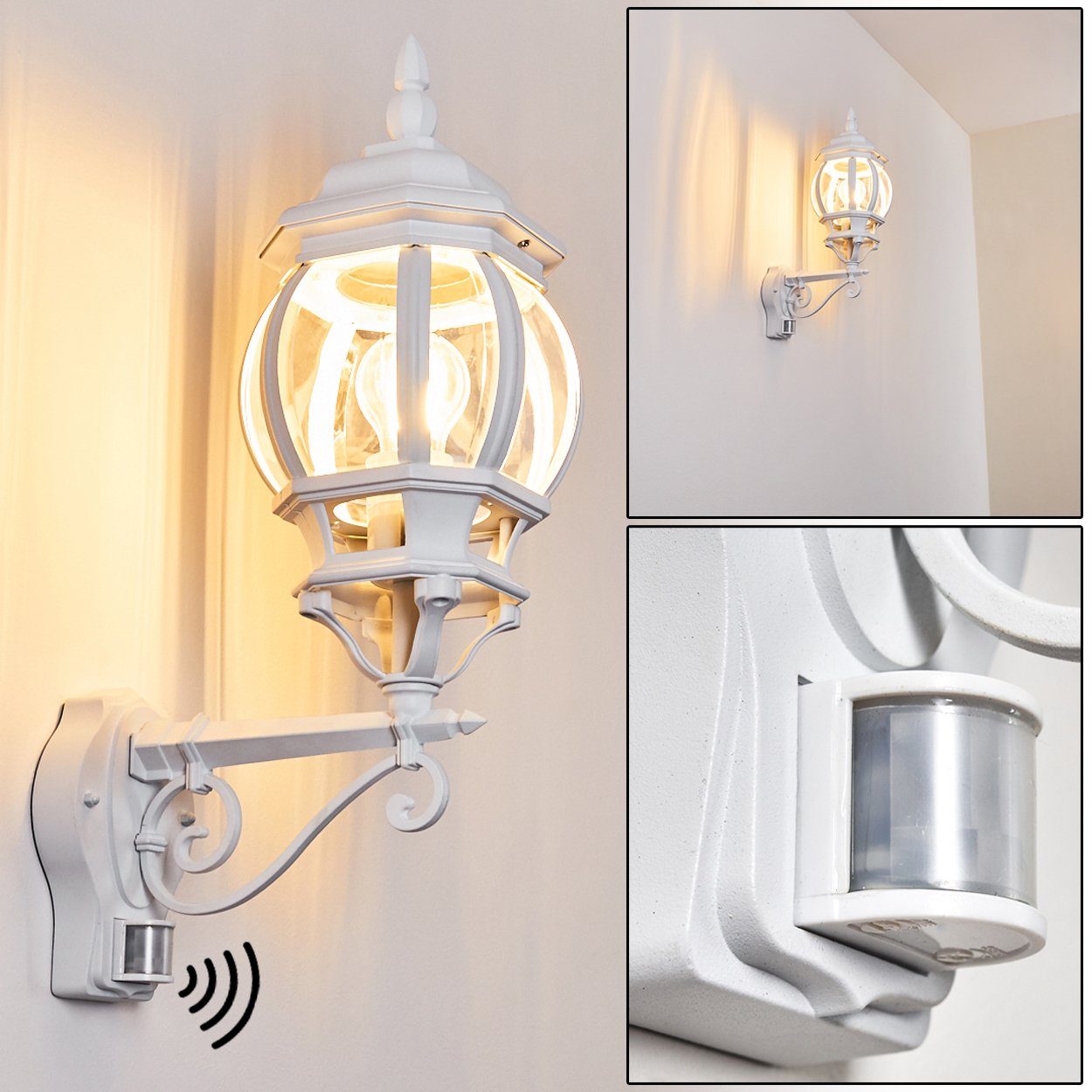 hofstein Außen-Wandleuchte »Meyen« Außenwandlampe aufwärts, Aluguss in Weiß, Kunststoff-Scheiben, ohne Leuchtmittel, E27, Vintage Außenleuchte für Terrasse, Veranda u. Hof in antikem Look
