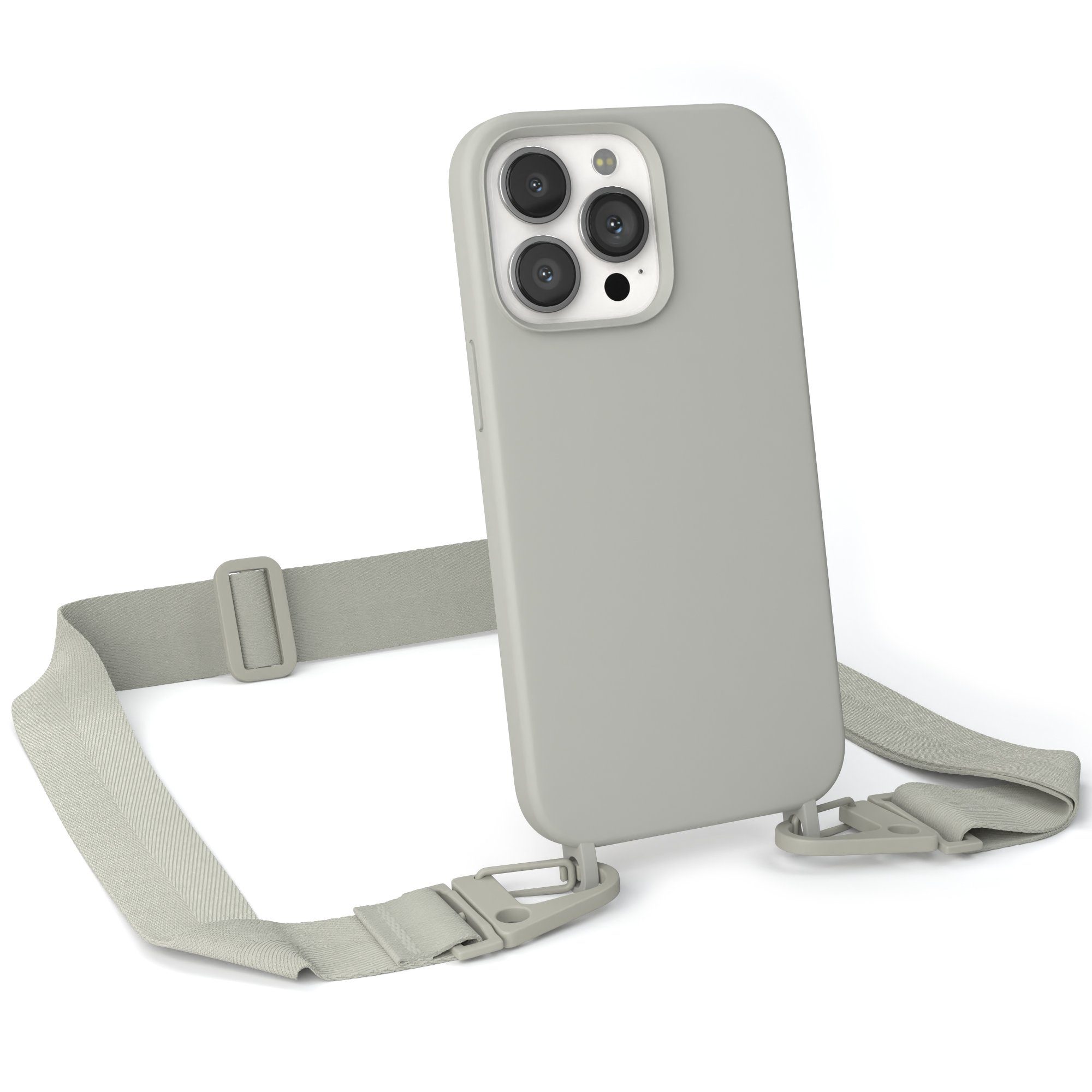 EAZY CASE Handykette Karabiner Breitband für Apple iPhone 13 Pro 6,1 Zoll, Ketten Hülle Transparent Case Kettenhülle abnehmbare Kordel Grau Taupe