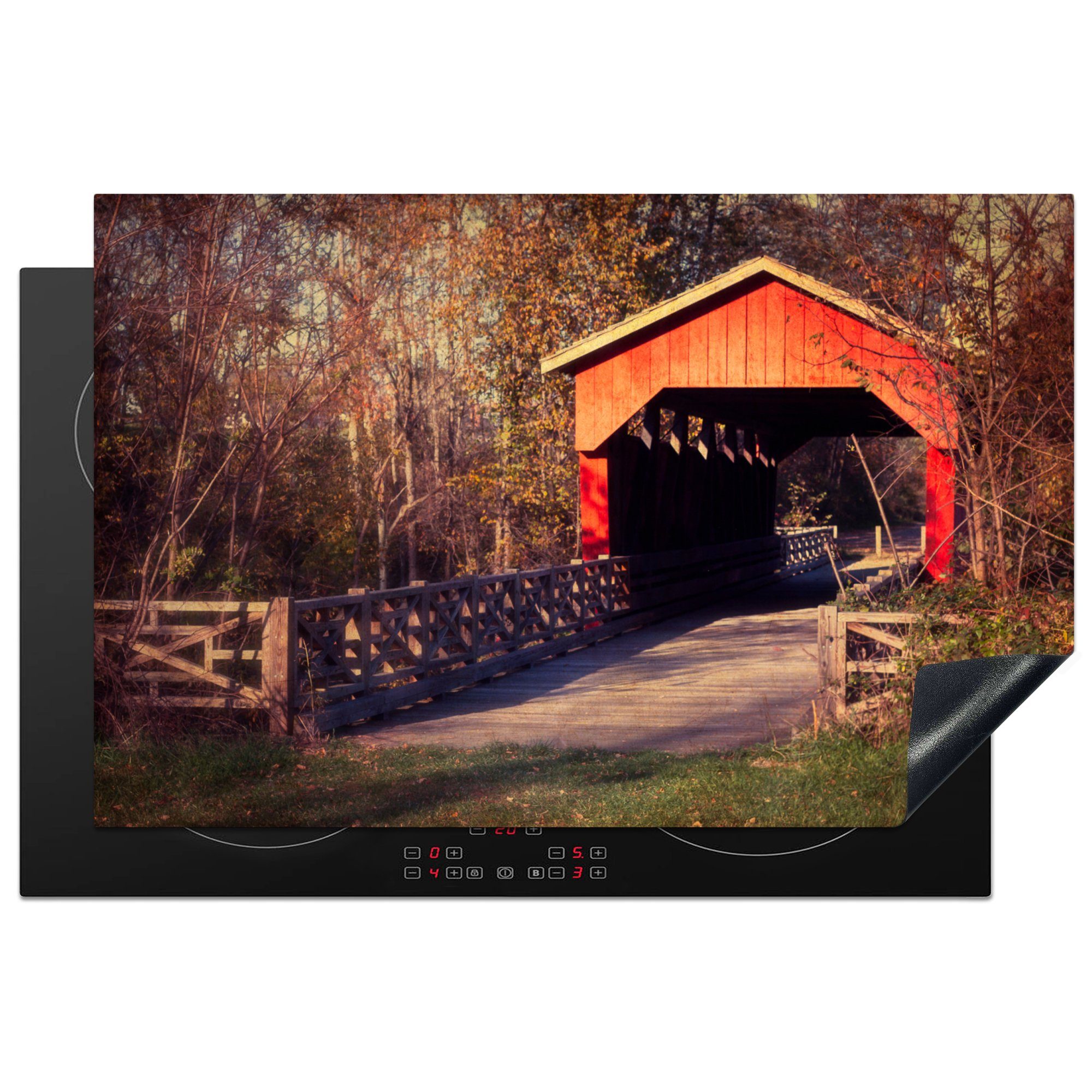 MuchoWow Herdblende-/Abdeckplatte Rote gedeckte Brücke, die (1 küche, Ceranfeldabdeckung cm, 81x52 Vinyl, für Induktionskochfeld Schutz tlg)