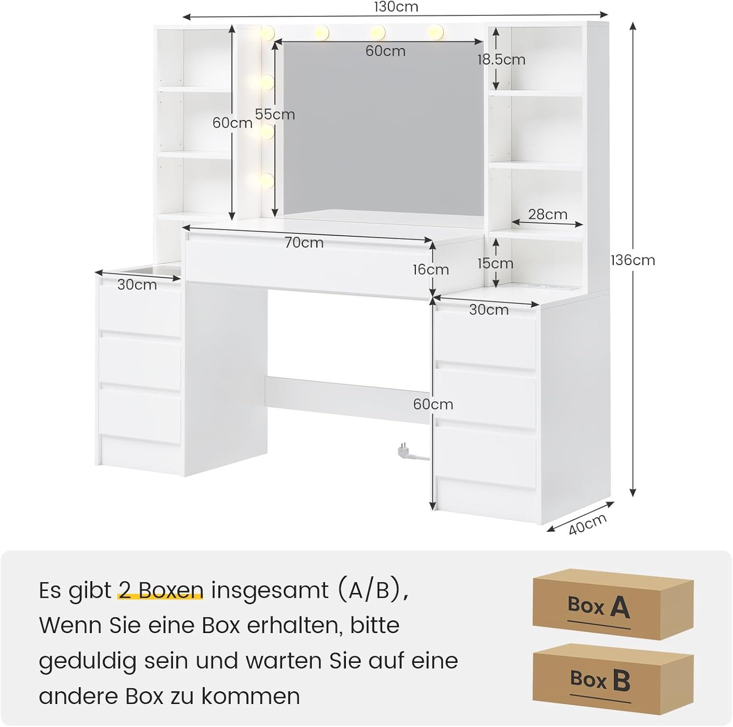 KIMENICH Schminktisch mit LED-Spiegel & Steckdosen,7 Schubladen, 8 Ablagefä günstig online kaufen