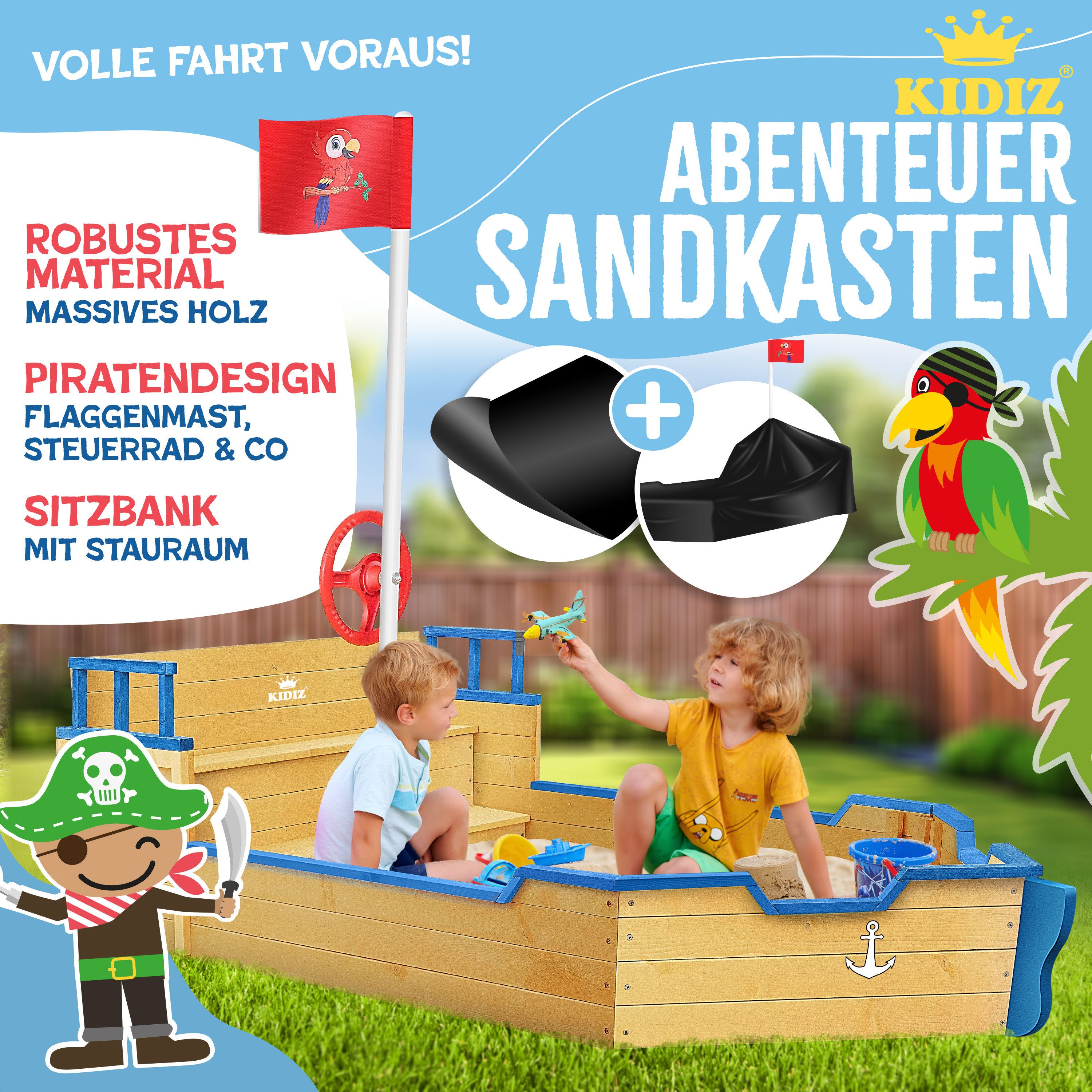 KIDIZ Sandkasten, Sandkasten Ahoi Piratenschiff Boot Segelschiff aus Holz