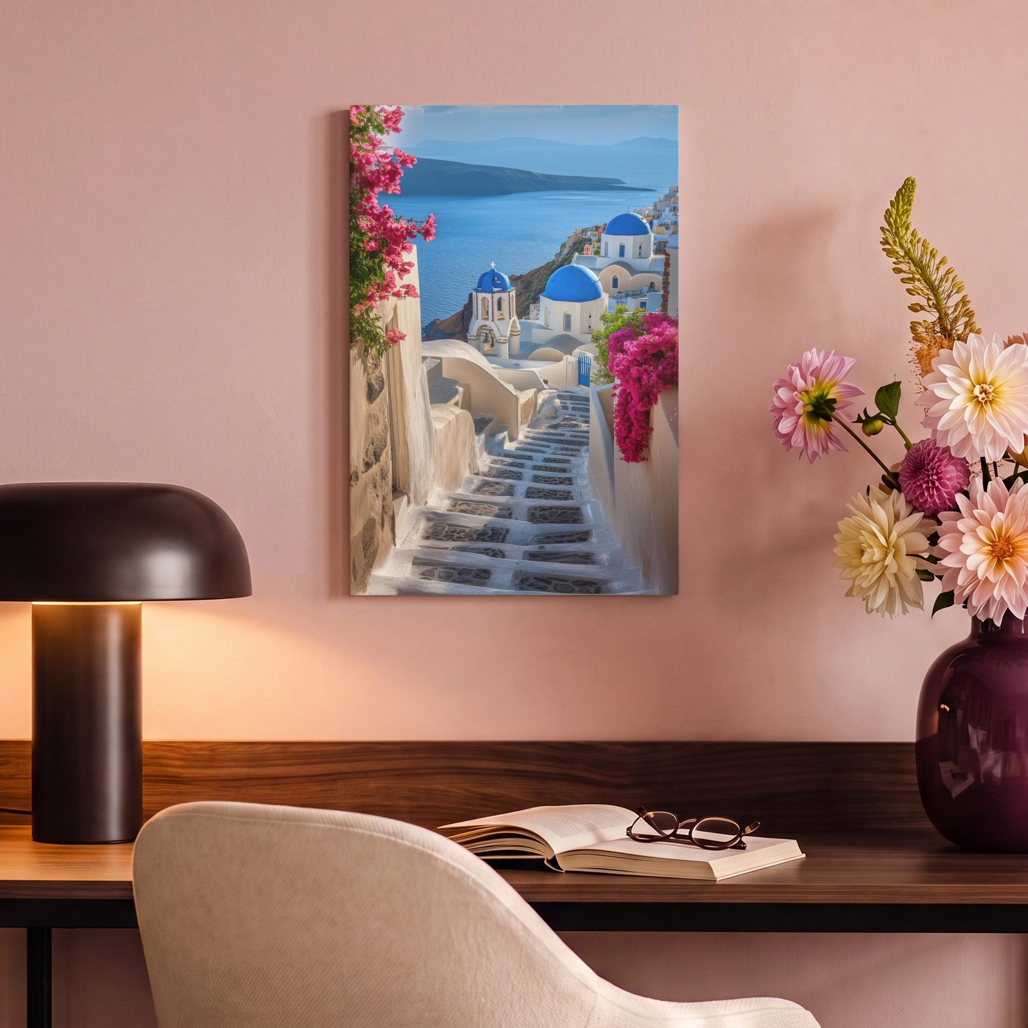 OneMillionCanvasses® Leinwandbild Santorin - Blumen - Griechenland, Fotodruck (1 St), Leinwand Canvas Wandbild, Wanddekoration 20x30 cm – Bild 4 von 5