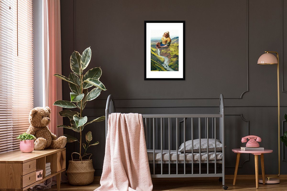 Rahmen, Natur - Poster, Kunstdruck, Vermeer, - Gerahmtes St), Schwarzem Bilderrahmen (1 Poster Milchmädchen MuchoWow mit
