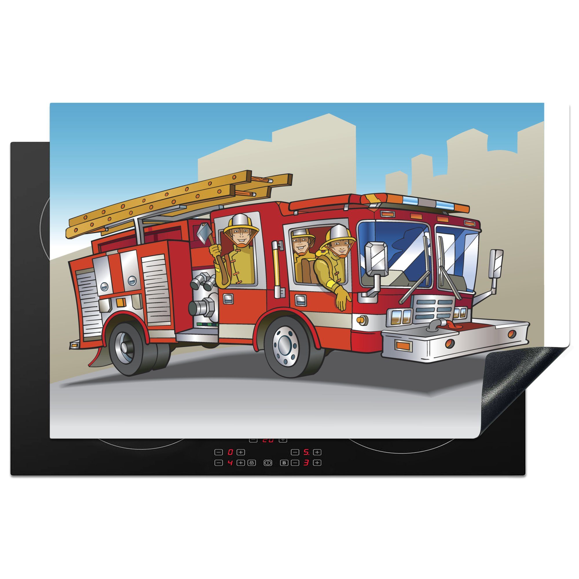 MuchoWow Herdblende-/Abdeckplatte Kinderillustration von Feuerwehrleuten in einem Feuerwehrauto, Vinyl, (1 tlg), 81x52 cm, Induktionskochfeld Schutz für die küche, Ceranfeldabdeckung