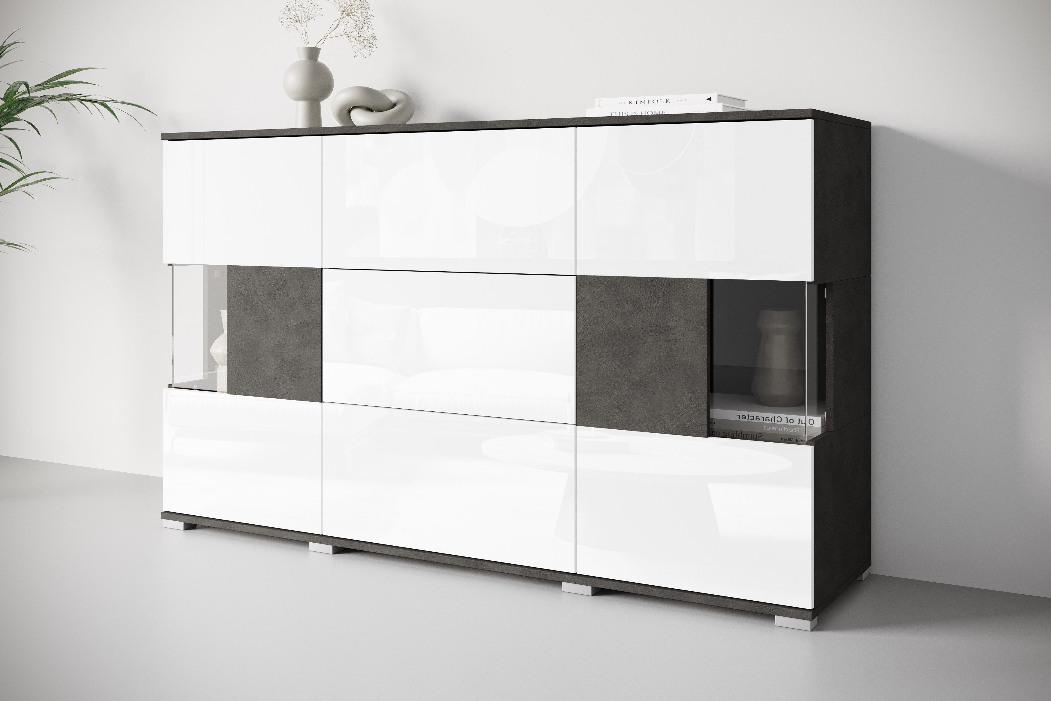 OTTO home Sideboard Kenia (1 St), Sideboard mit 3 Schubladen, 6 Fächern, Glastüren, Breite 150 cm