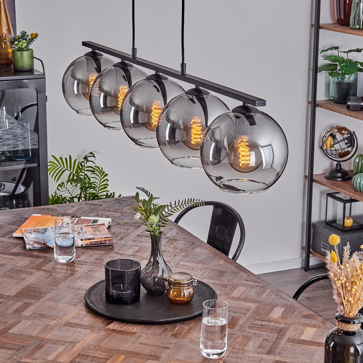 hofstein Pendelleuchte Hängelampe aus Metall/Glas in Schwarz/Rauchfarben/Klar, ohne Leuchtmittel, Hängeleuchte mit Glasschirmen (20 cm), Höhe max. 116,5 cm, 5 x E27
