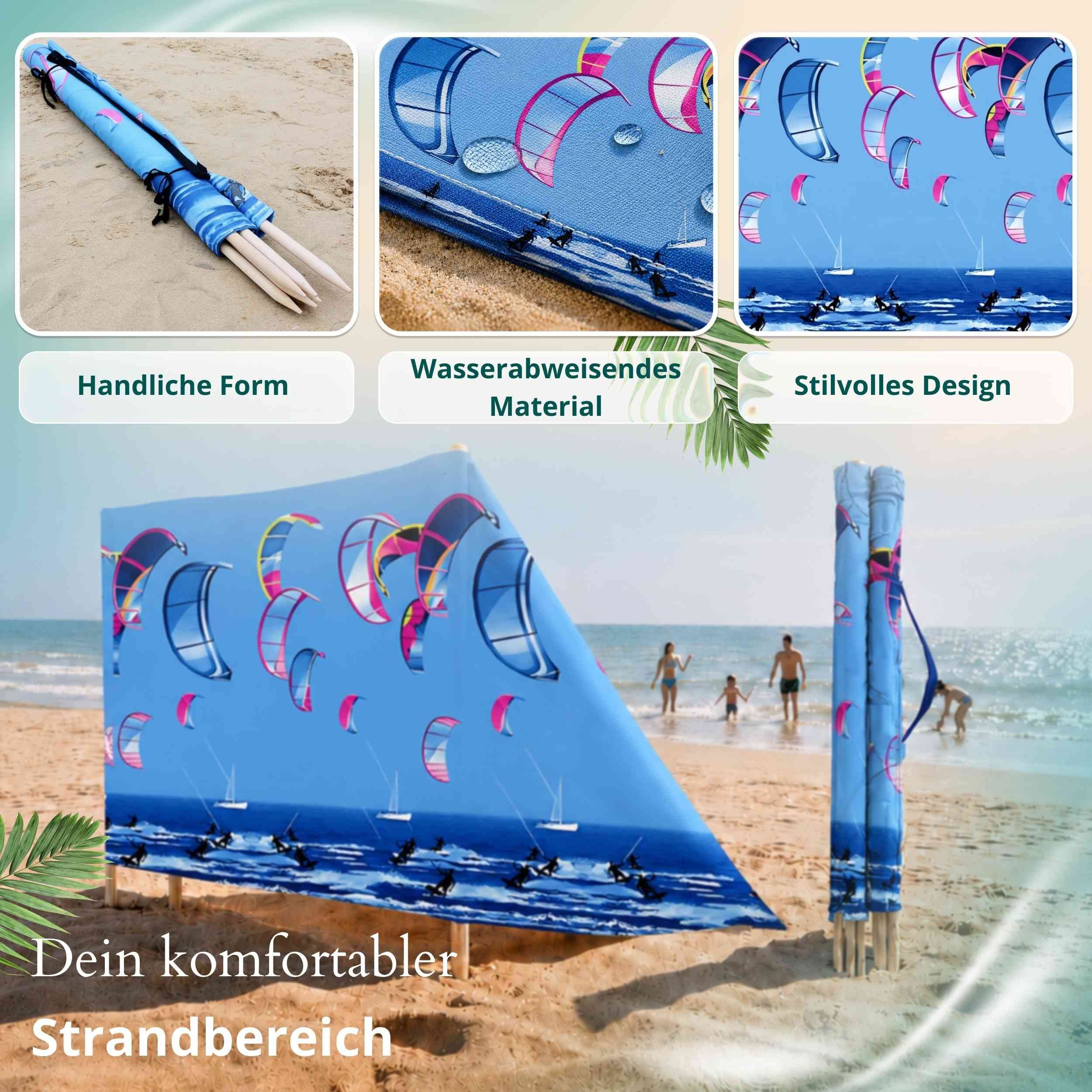 Lantigo Windschutz Sichtschutz Sonnenschutz Strandparavent aus Mikrofaser – portabel, (Kitesurfing, Länge: 4 m), - Faltbarer Sonnenschutz für Strand, Camping &  – Bild 3 von 5