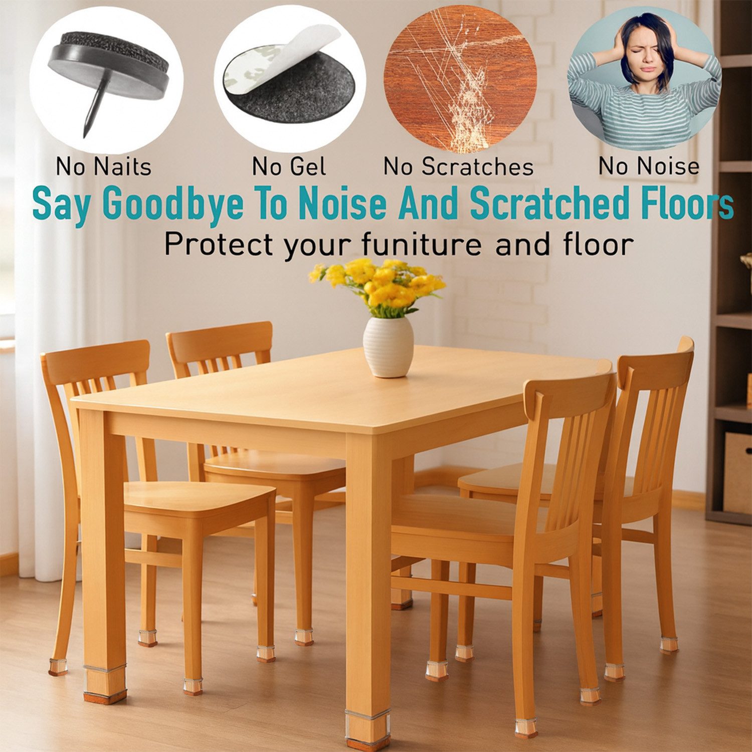 JASLIFE Stuhlbezug Stuhlbeinkappen Stuhlbeinschoner rutschfest, Bodenschoner für Stühle, Geräuscharme Silikon-Filz Möbelgleiter (24 Stk), Kratzschutz