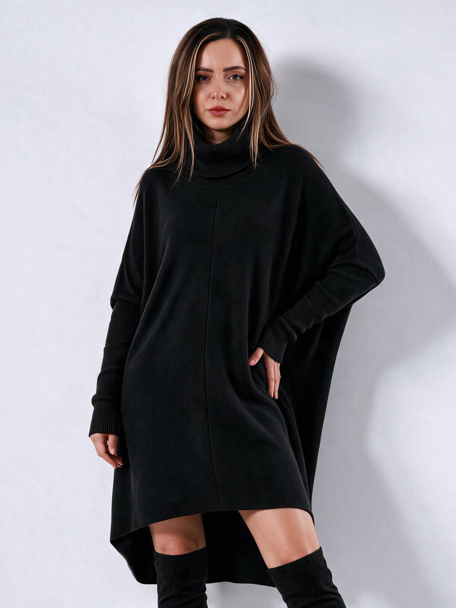 YC Fashion & Style Strickkleid Oversize Rollkragenkleid High-Low Vokuhila One Size 36–48 in Unifarbe