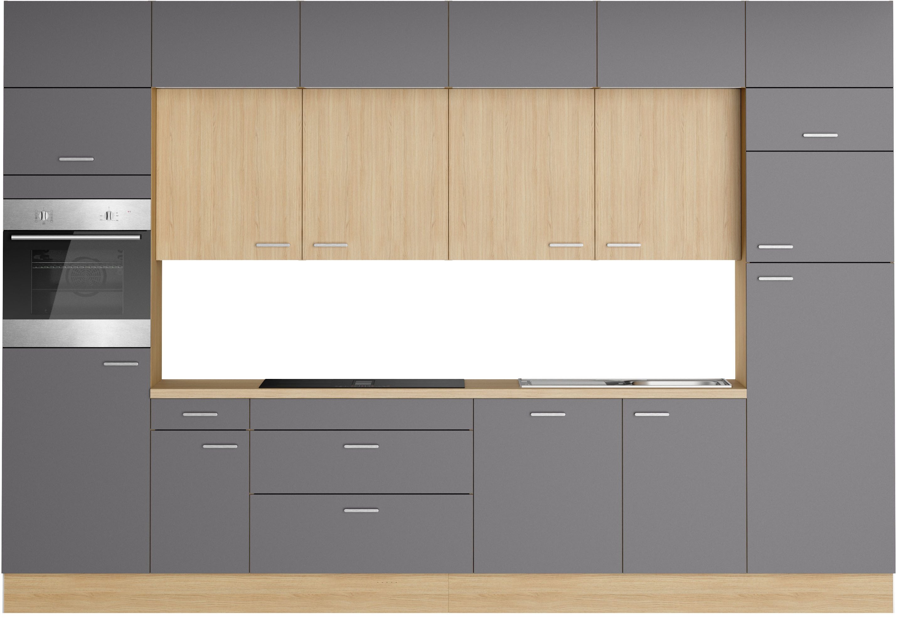 KOCHSTATION Küchenzeile KS-Lucy wahlweise mit Induktionskochfeld mit integriertem Dunstabzug, Breite 360 cm, Soft-Close, inkl. Zubehör, wahlweise mit E-Geräten