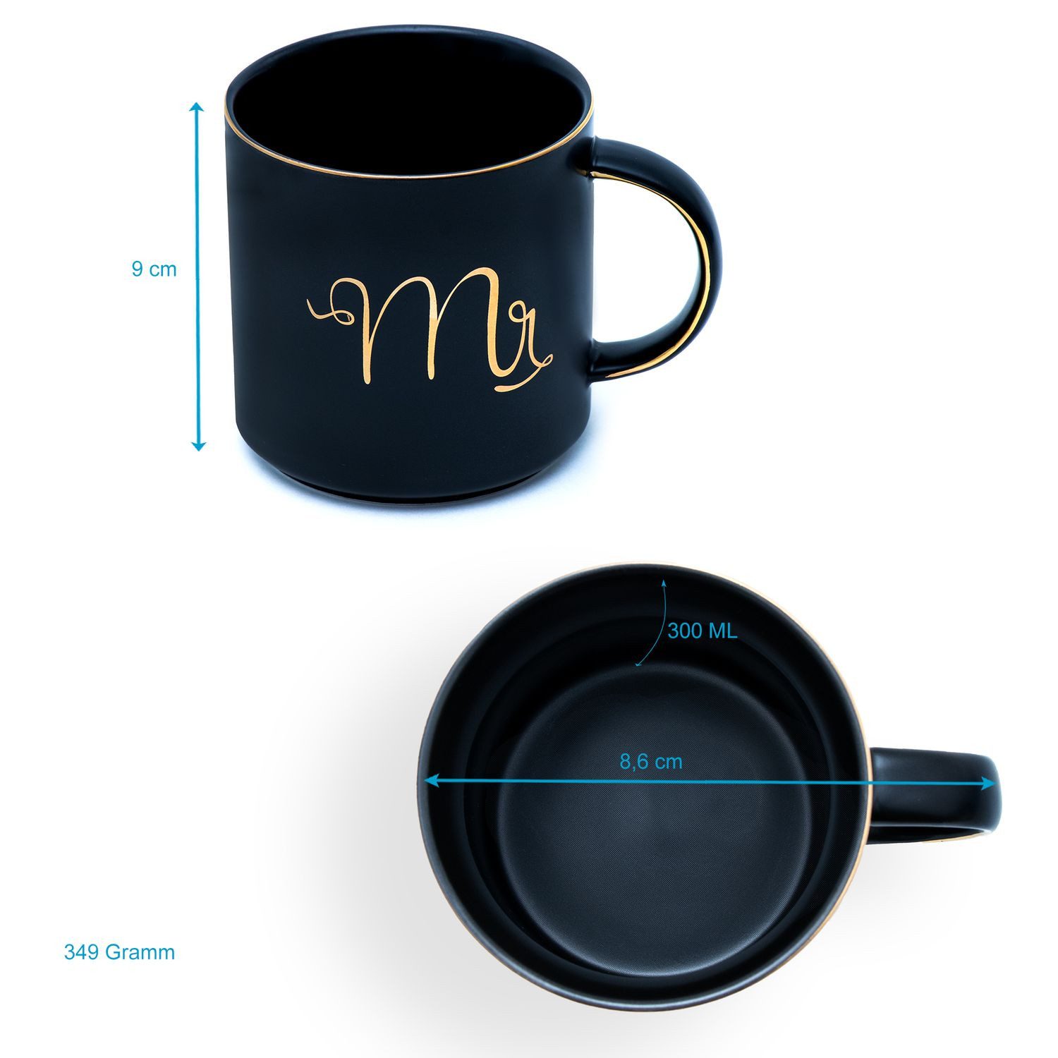 Intirilife Tasse, 1-tlg., Porzellan, Kaffeetasse Teetasse mit Goldrand und Aufschrift Mrs und Mrs 300 ml