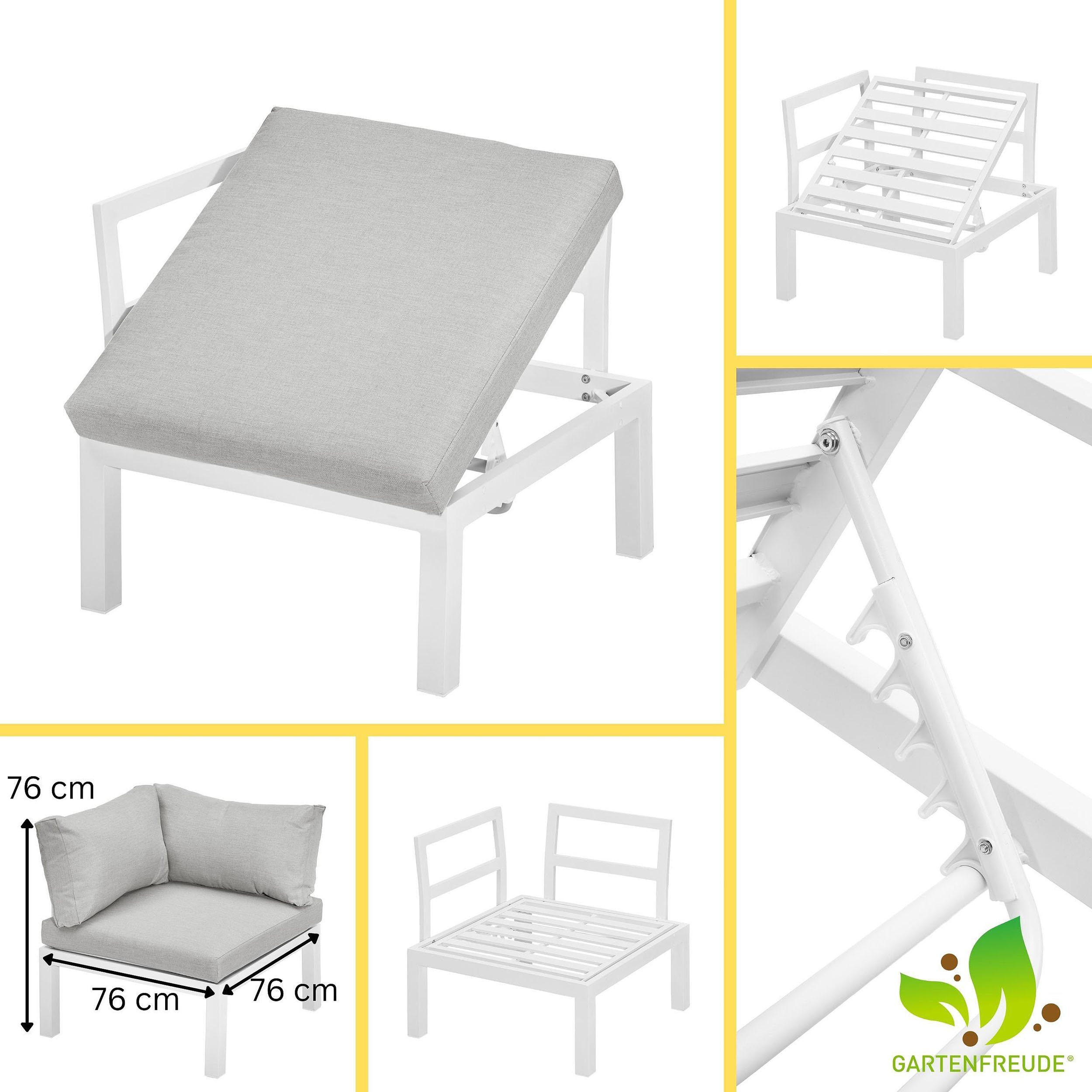 Aluminium mit Stoff Lounges Weiß wasserabweisenden Grau (1-St), / Gartentisch Teak Gartenfreude Ecksitz / Kissen Ambience