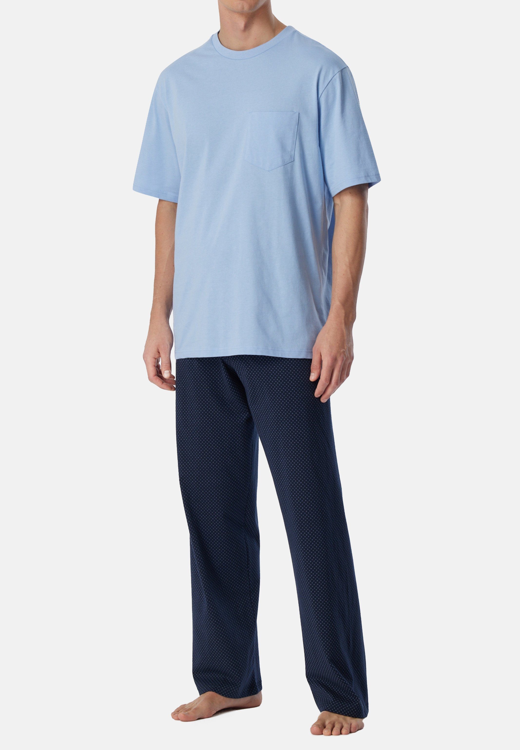 Schiesser Pyjama Essentials Nightwear (Set, 2 tlg) Schlafanzug - Baumwolle - Set aus T-Shirt und langer Hose Dunkelblau/Hellblau