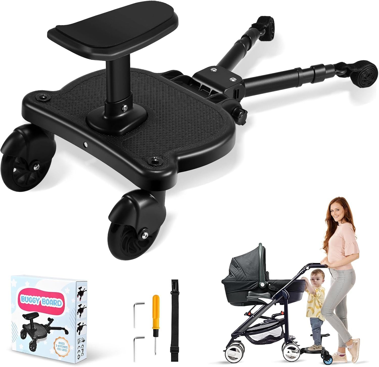 TWUFY Buggyboard Buggy Board mit Sitz, Trittbrett für Kinderwagen Universal (Buggy Board für Alle Kinderwagen, 1-St., mit Kinderwagen Organizer und Aufhängegurt), Kiddy Board für Kinder von 2 bis 6 Jahren (25 KG)