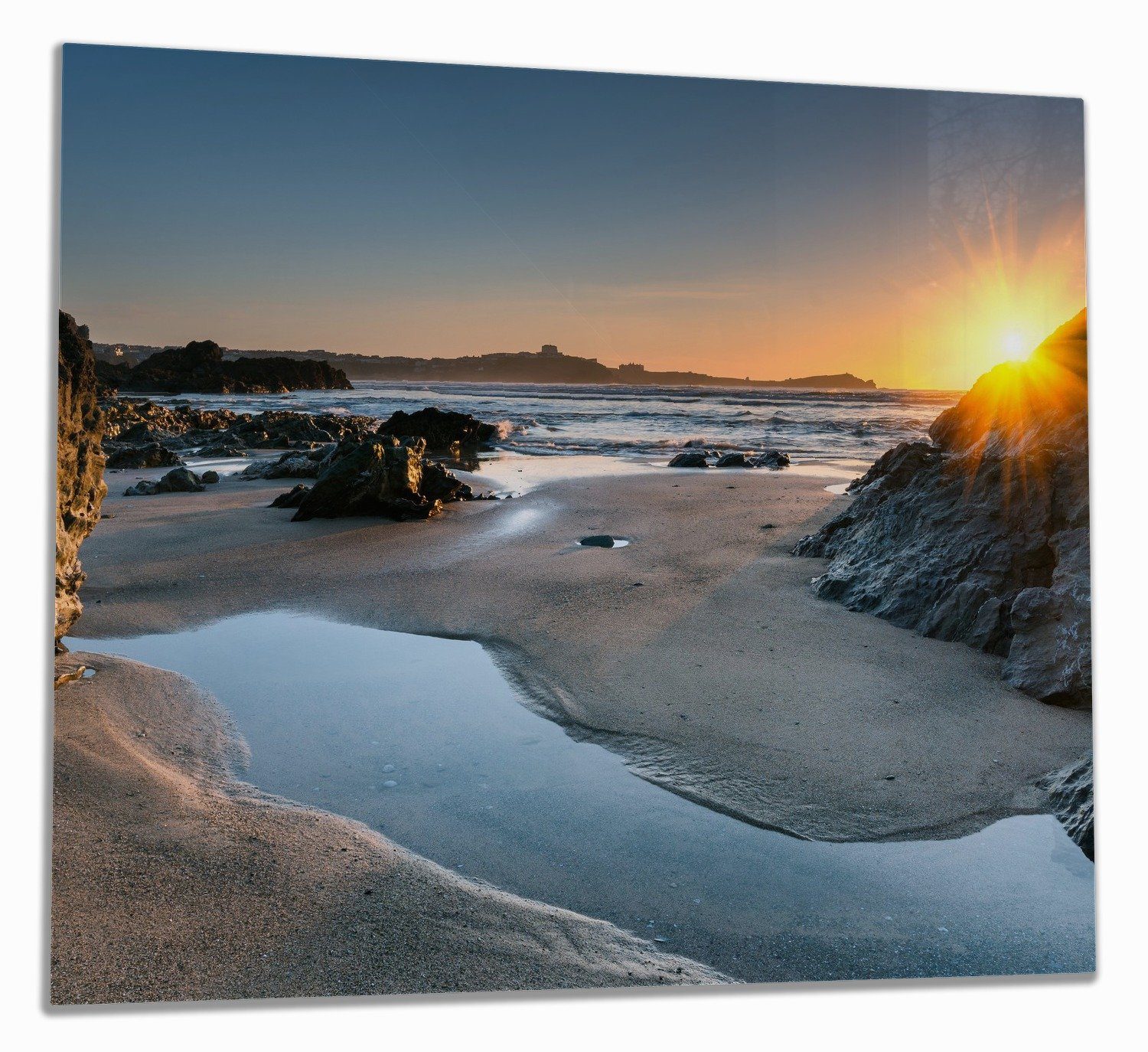 Wallario Herd-Abdeckplatte einem am Noppen), hinter 5mm Strand, 1 inkl. Größen Sonnenuntergang tlg., (Glasplatte, verschiedene Felsen ESG-Sicherheitsglas