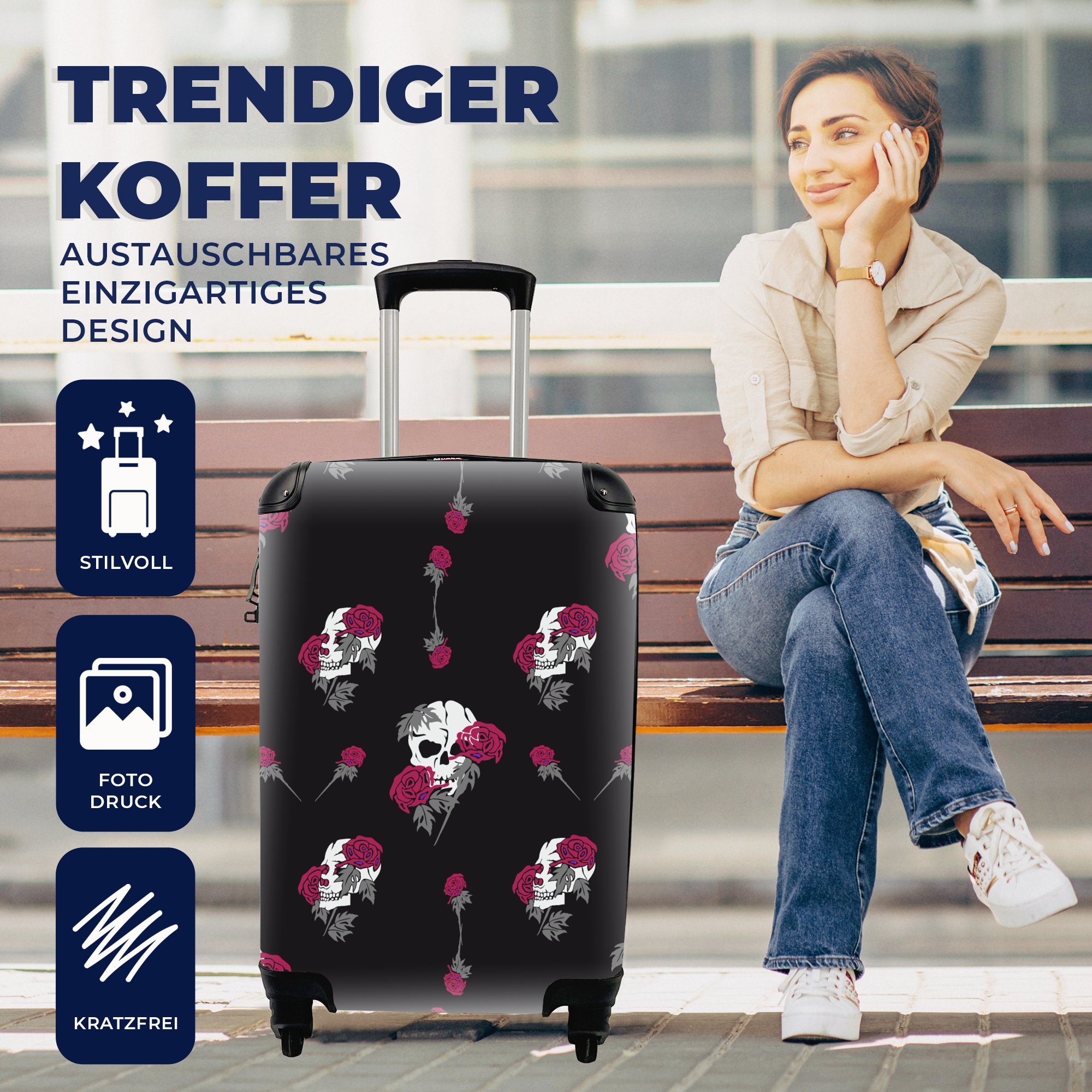 MuchoWow Handgepäckkoffer Mädchen - Totenkopf Reisetasche Kinder 4 - Mädchen Rosen Trolley, mit Ferien, - Reisekoffer für - Rollen, Handgepäck - rollen, -, Muster - Kinder