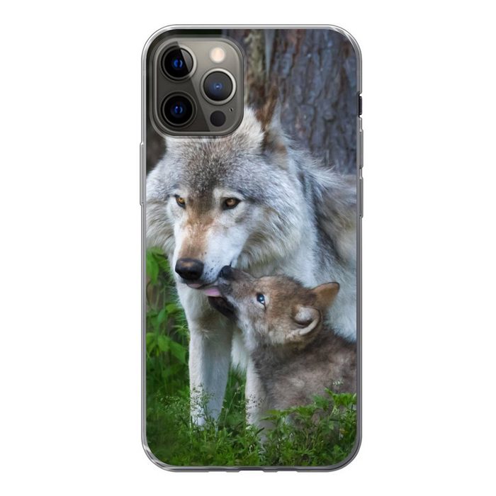 MuchoWow Handyhülle Wolf - Moos - Wald - Welpe Handyhülle Apple iPhone 12 Pro Smartphone-Bumper Print Handy