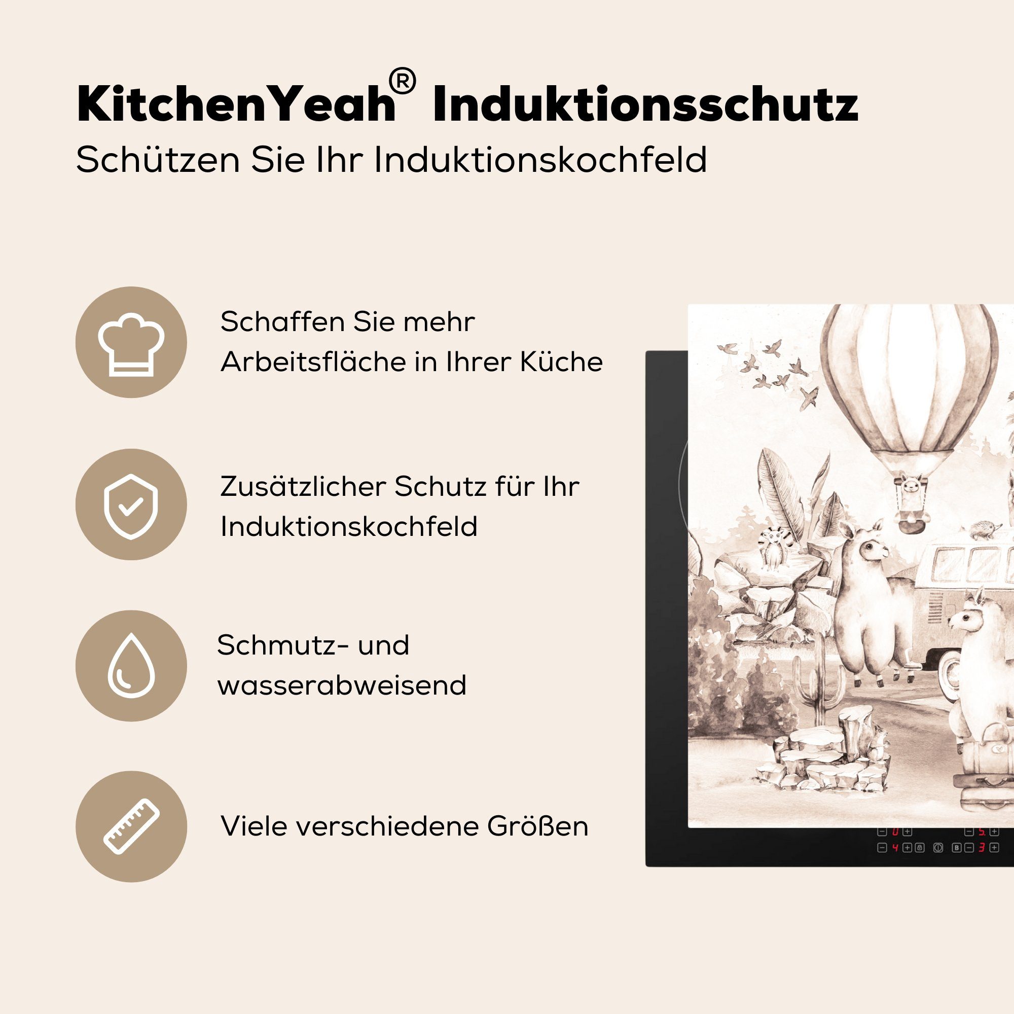 Heißluftballon - cm, Herdblende-/Abdeckplatte - Kinder Schutz Mädchen, - Junge - MuchoWow Induktionskochfeld die tlg), für Ceranfeldabdeckung Alpaka Vinyl, (1 81x52 küche,