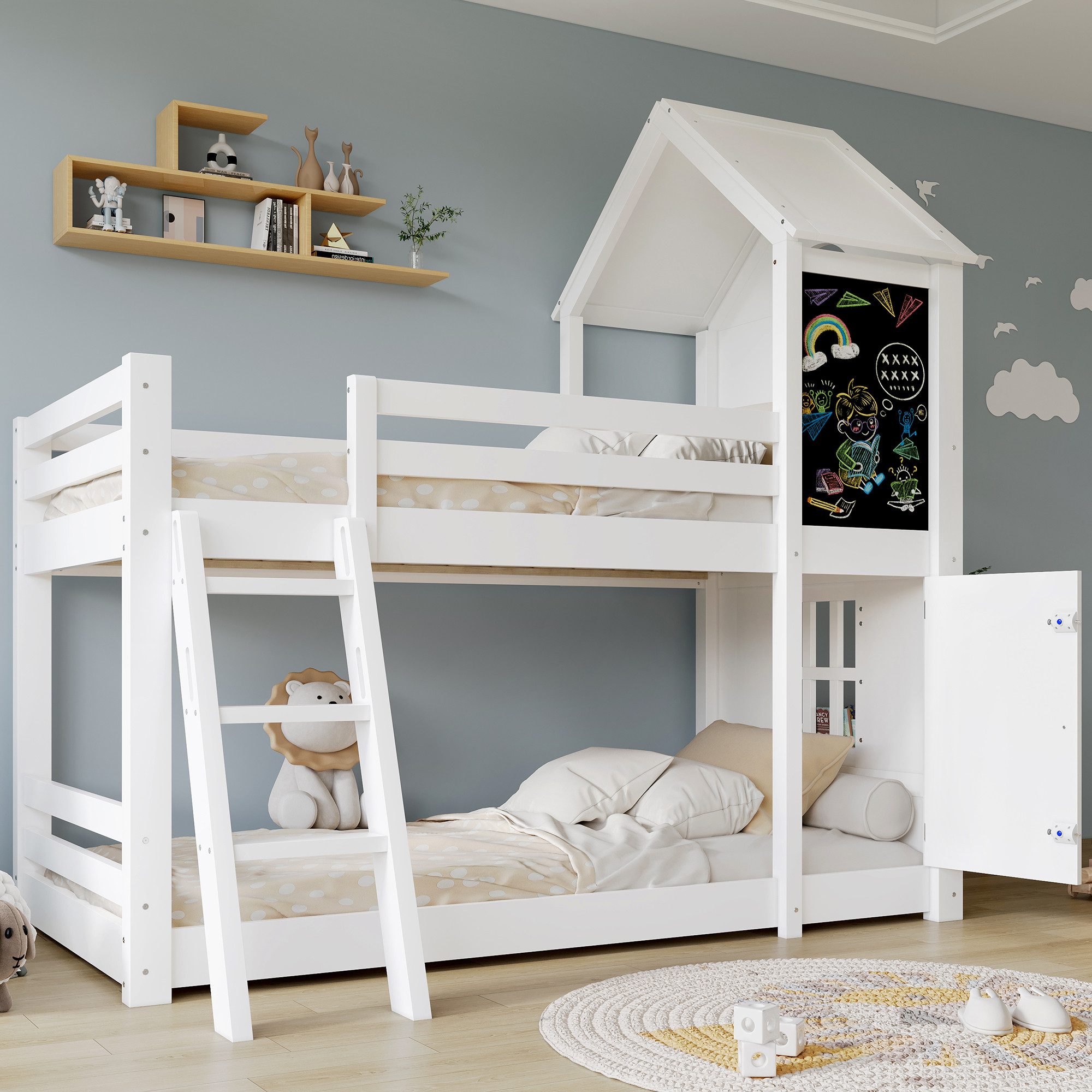 Flieks Etagenbett, Kinderbett Hausbett 90x200cm mit Tafel & Tür & Fenster & Schutzgitter
