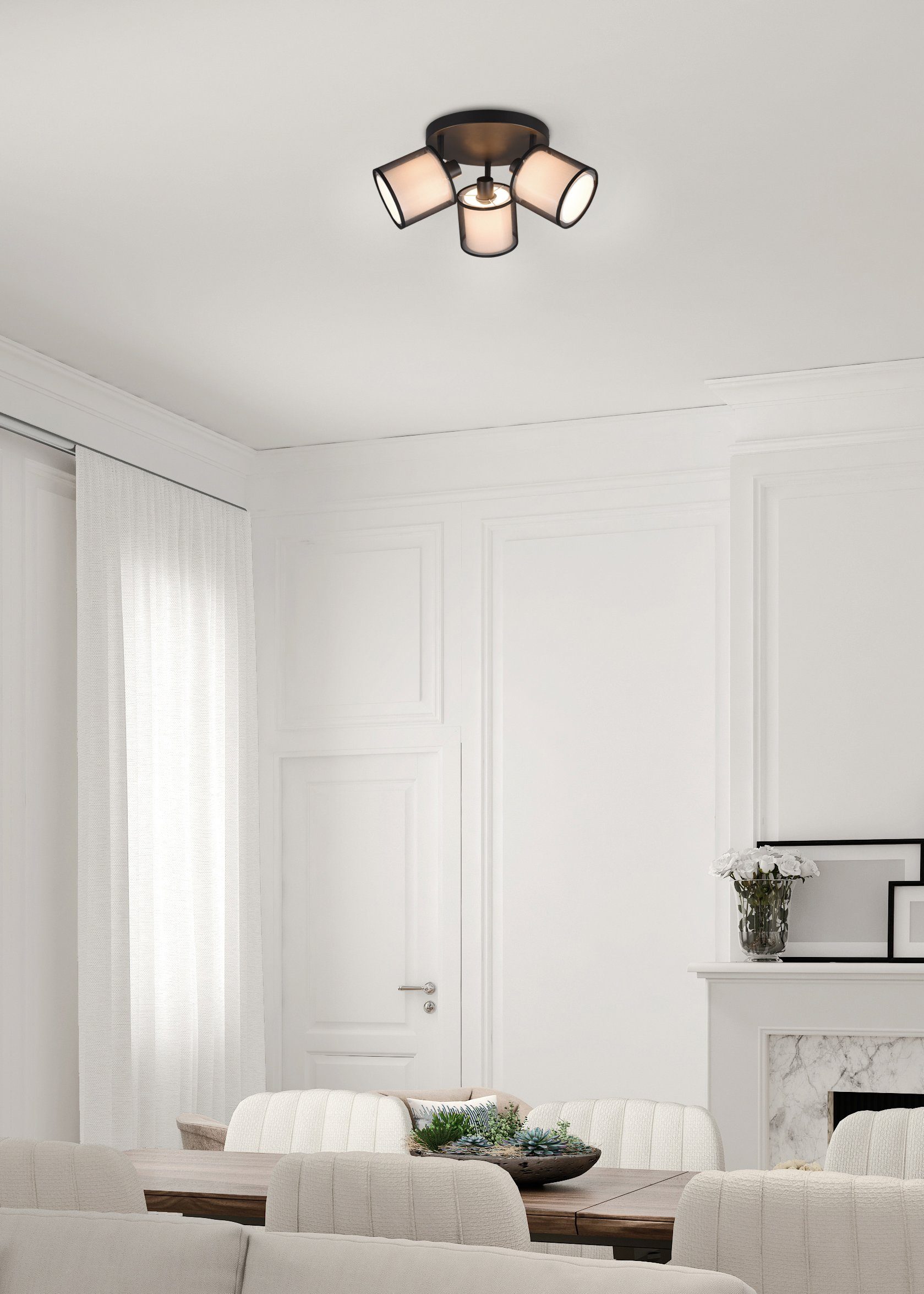 Places Style Leuchtmittel wechselbar, Textil, mit Spot 3-flammig Deckenstrahler of transparenter Liotta, Organza-Schirm Doppelschirm