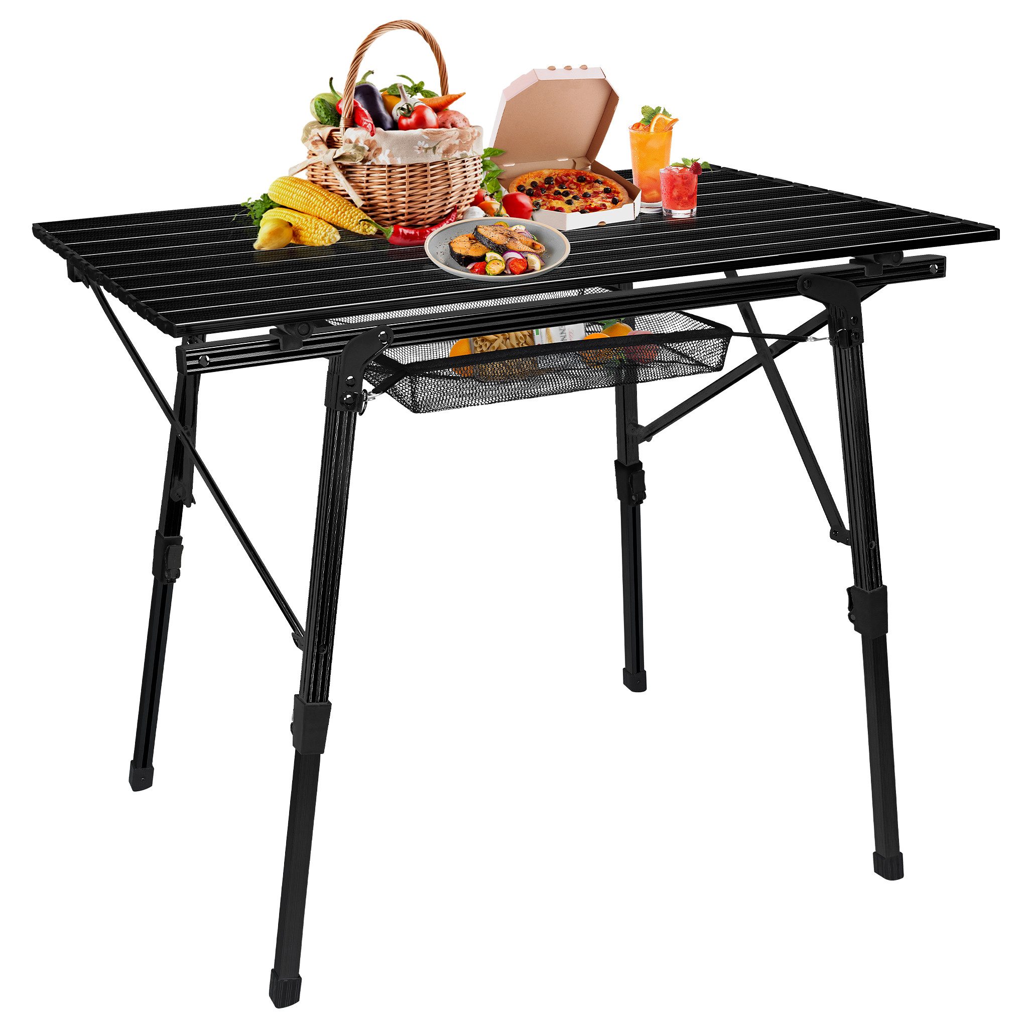 FIVMEN Campingtisch Camping Beistelltisch Faltbar Gartentisch Höhenverstellbar aus Alu, Balkontisch mit Packtasche, für Camping 90x52x45cm, Silber/Schwarz