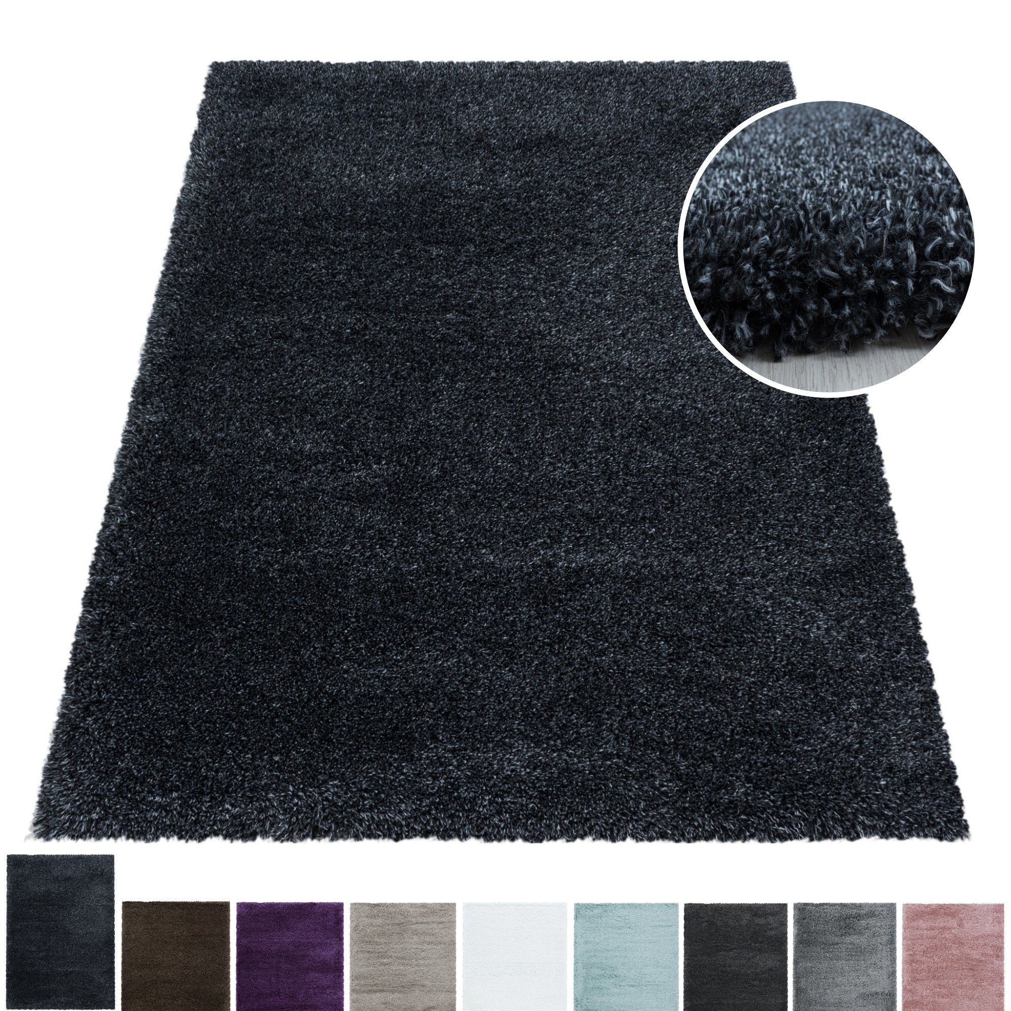 Hochflor-Teppich Teppich Hochflorteppich Shaggy Unifarben kuschelig Wohnzimmer, Miovani, Rechteckig, Höhe: 50 mm Anthrazit