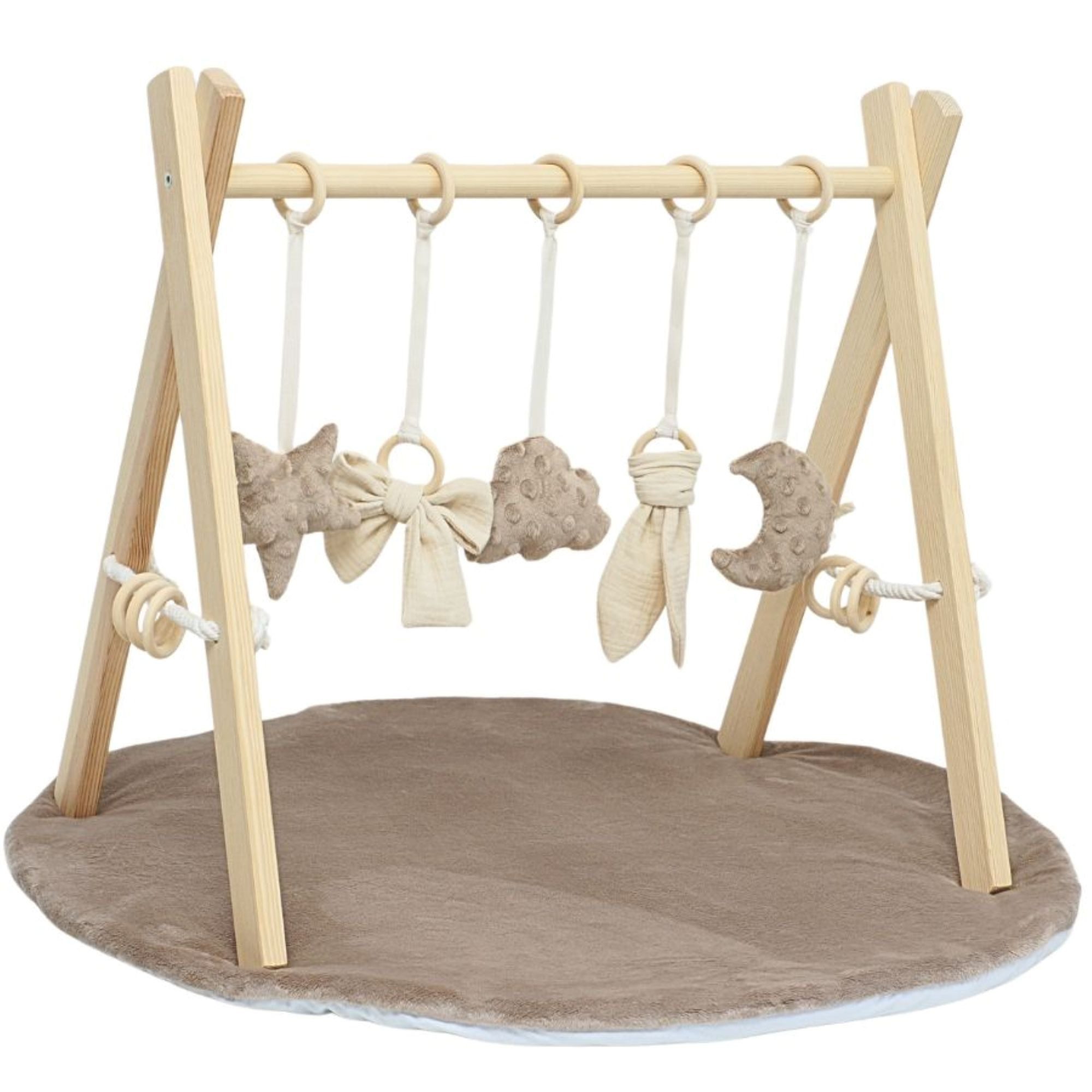 LuMali Baby Gym Holz Spielbogen klappbar 5 Spielzeuge Matte 41x58x49cm Naturholz, (5 sensorische Anhänger 2 Baumwollschnüre Montageset), Spieltrapez Neugeborene sensorisch Spielmatte 78cm wendbar ab Geburt