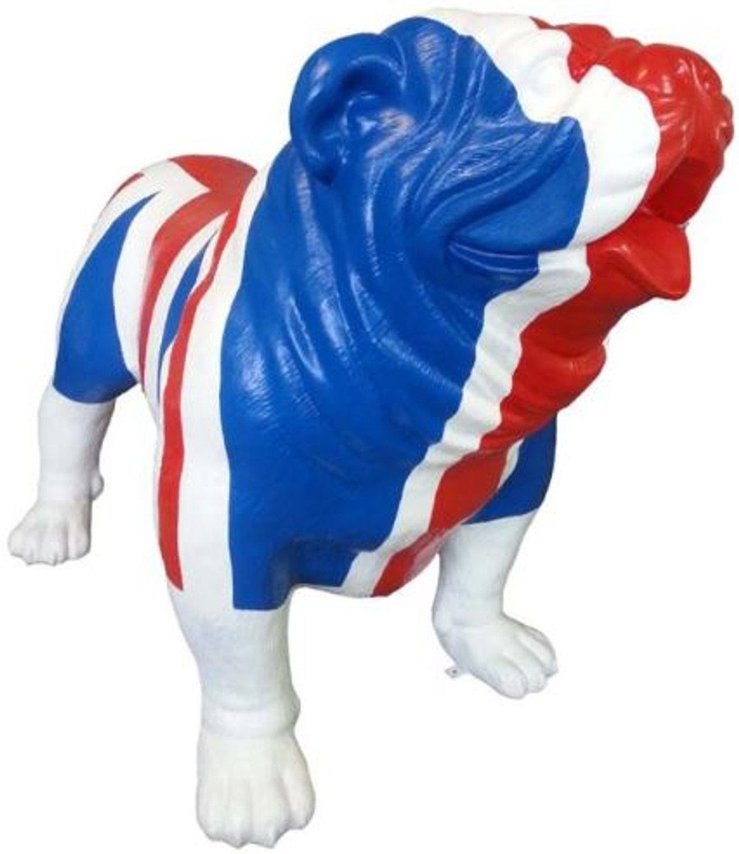 Casa Padrino Skulptur Designer Deko Hund Bulldogge mit UK England Flagge Blau / Weiß / Rot 180 x H. 174 cm - Riesige Dekofigur - Gartendeko Skulptur - Gartenfigur