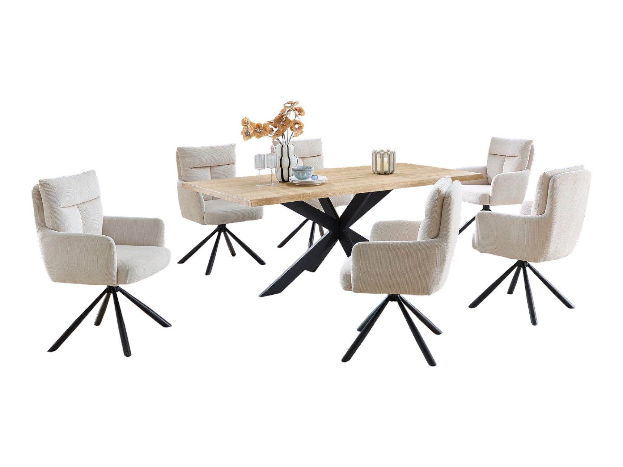 moebel-dich-auf Esszimmer-Set PORTOFINO, (Esstisch mit Stühlen Eiche Massivholz mit Baumkante 200 cm breit, 1 Tisch, 4 Stühle, 6 Stühle oder 4 Stühle mit Bank), Sitzgruppe mit Cordbezug