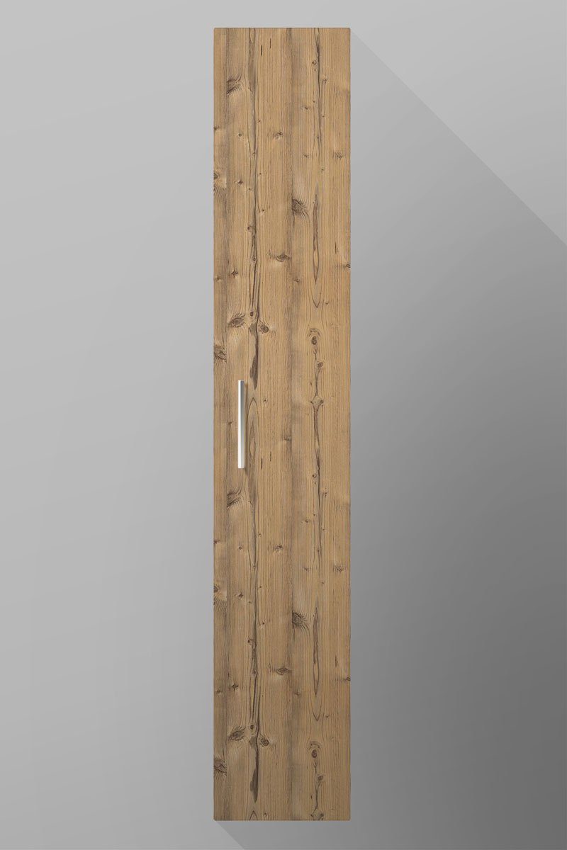badselekt Hochschrank Badezimmerschrank mit 1 5 180 cm breit Bergfichte 30 Einlegeböden cm mit Tür Chrom-Stangengriff hoch wandhängend und
