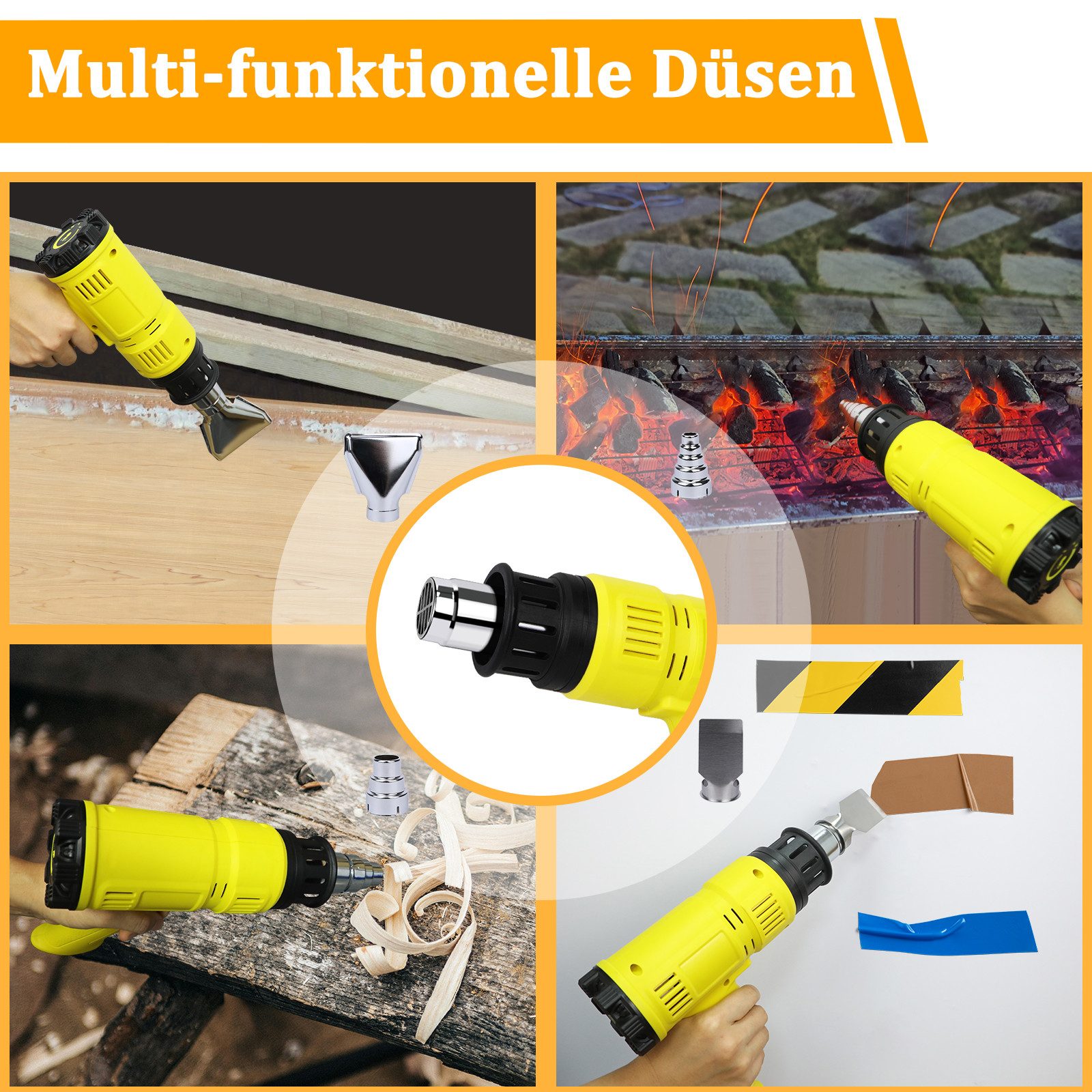 ZMH Heißluftgebläse Heißluftfön 2000W Regelbar Kit 60℃- 600℃ Kerzen Schrumpfschlauch, 2000 in W, bis max. 600,00 °C, (Set, 6-tlg., 1*Heißluftpistole&4 Münder),  – Bild 4 von 5