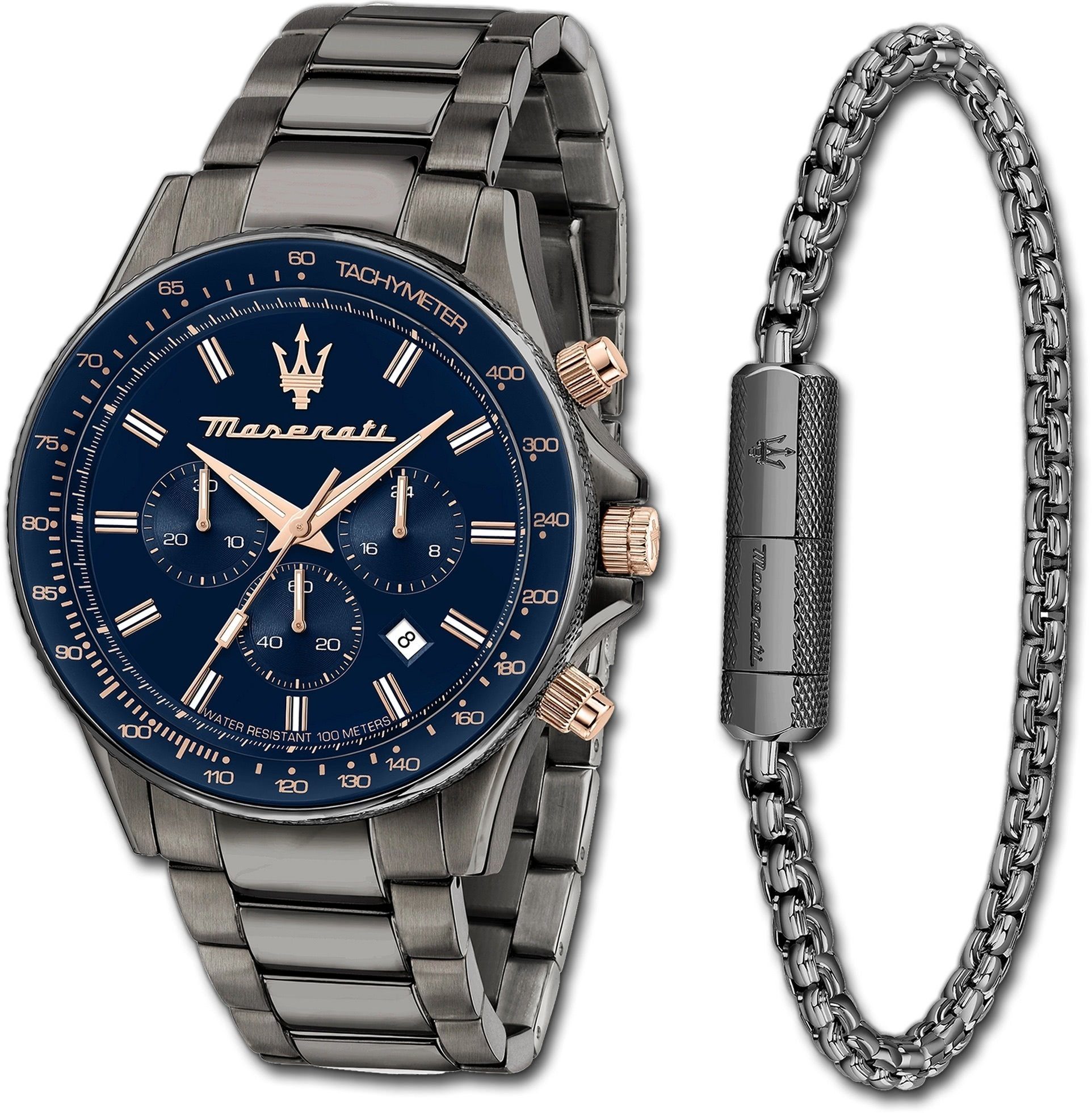 MASERATI Chronograph Maserati Herrenuhr blau Armbanduhr (ca. Edelstahlarmband, Gehäuse, Sfida, Herren groß 44mm) rundes