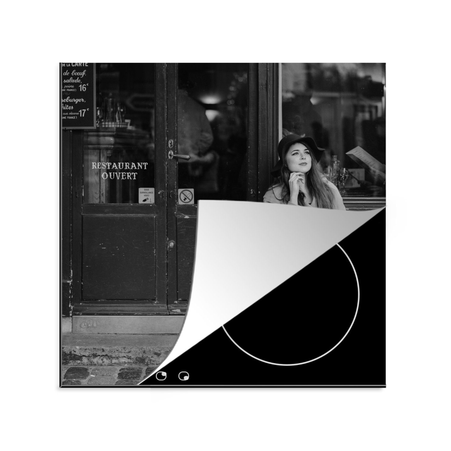 MuchoWow Herdblende-/Abdeckplatte Frankreich - Schwarz - Weiß - Cafe, Vinyl, (1 tlg), 78x78 cm, Ceranfeldabdeckung, Arbeitsplatte für küche