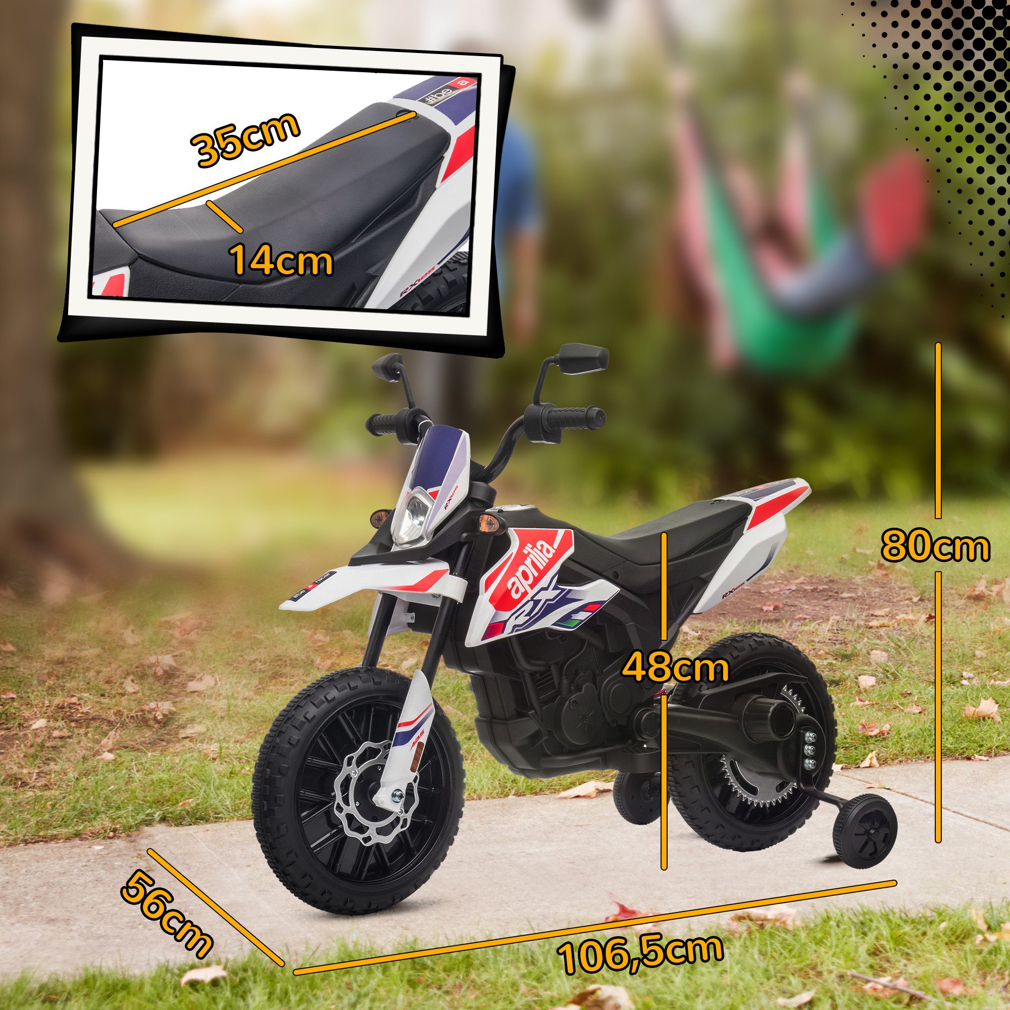 AIYAPLAY Elektro-Kindermotorrad 12V, mit Musik, 6 km/h, mit abnehmbar Trainingsrädern, Belastbarkeit 30 kg, (1-tlg), 12 Zoll Kunststoffreifen, für 3-8 Jahre Kinder, max. 30 kg, Weiß