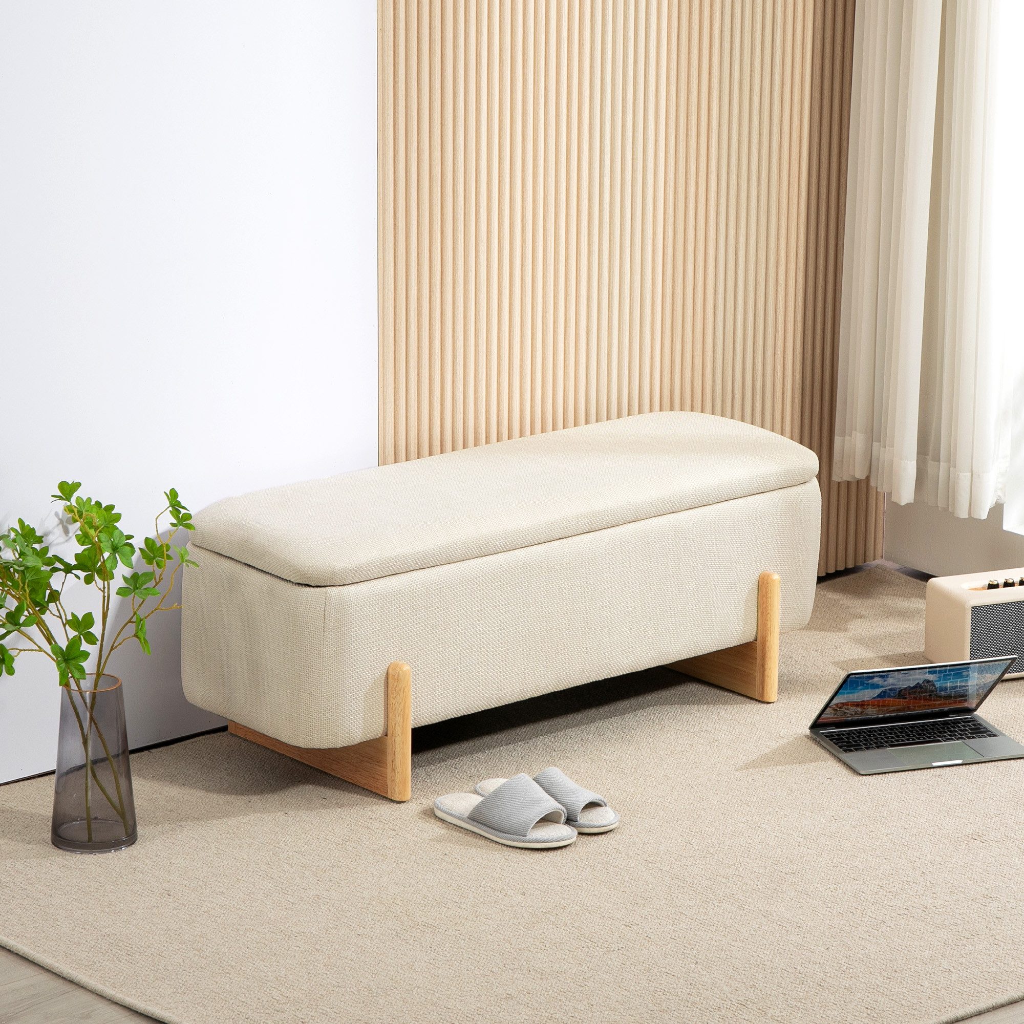 HOMCOM Sitzbank mit Stauraum, Polsterbank mit Leinenoptik, Holzbeine (Bettbank, 1-St., Polsterbank mit Stauraum), für Wohnzimmer, Schlafzimmer, Flur, 111 x 44 x 44,5 cm, Cremeweiß