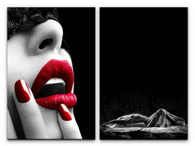 Sinus Art Leinwandbild 2 Bilder je 60x90cm Erotisch Lippen Rot Akt Verführerisch Schwarz Weiß