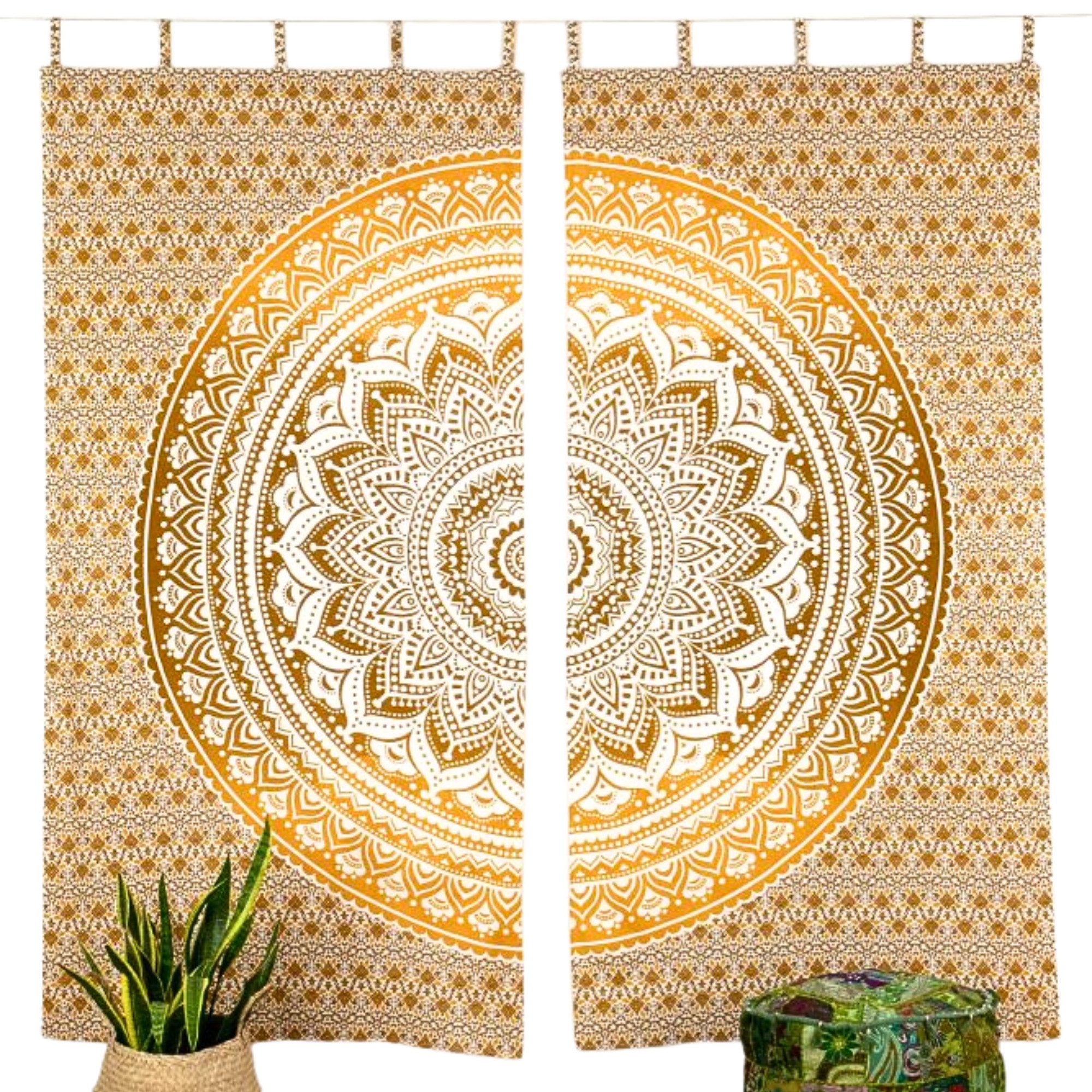 Karmandala Vorhang Mandala Gardine blickdicht Boho Schlaufenschal blickdicht 2er-Set, Schlaufen, Boho Gardinen aus Baumwolle Vorhang Set mit Aufhängeschlaufen