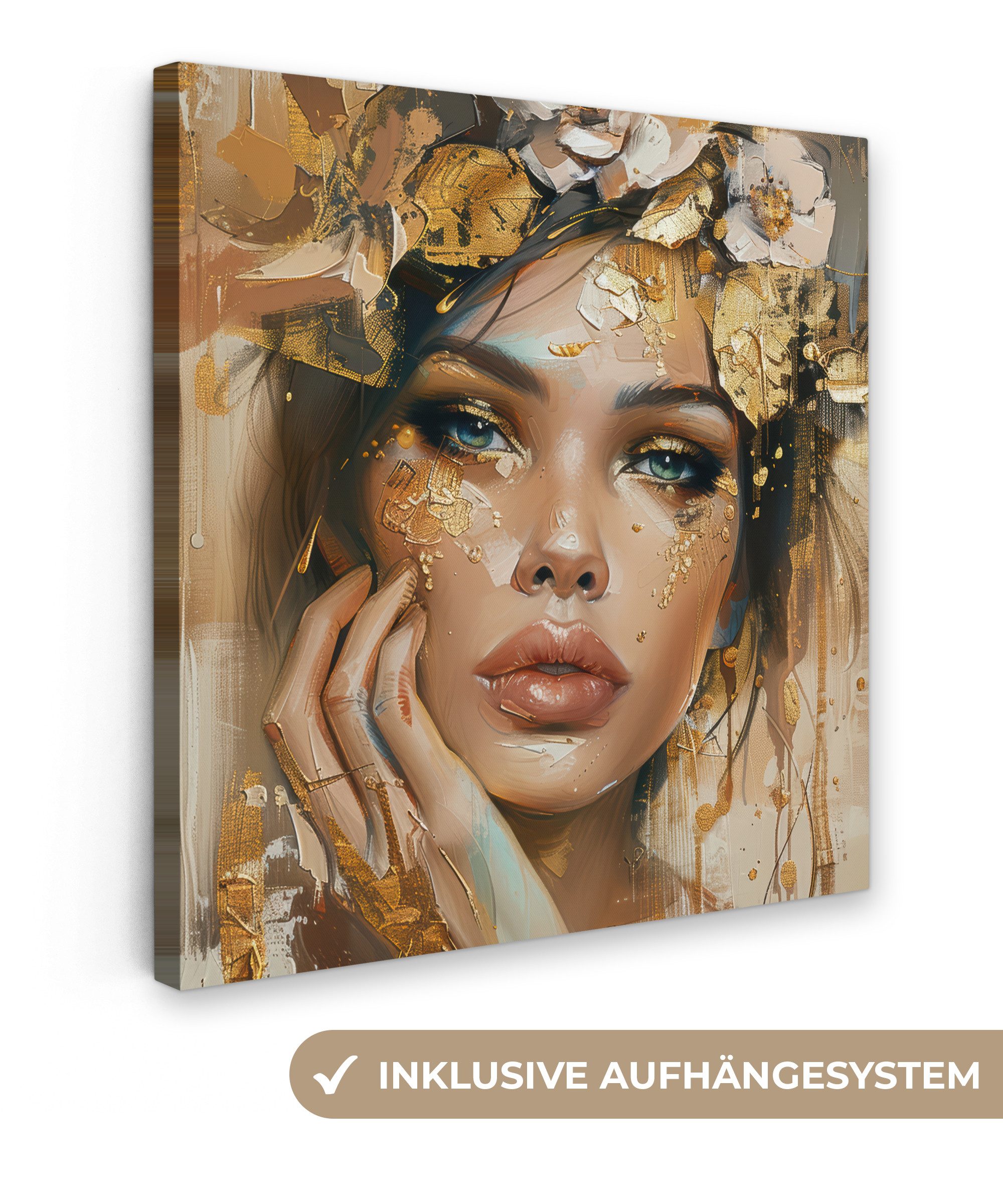 OneMillionCanvasses® Leinwandbild Frau - Blumen - Gold - Porträt, Fotodruck günstig online kaufen