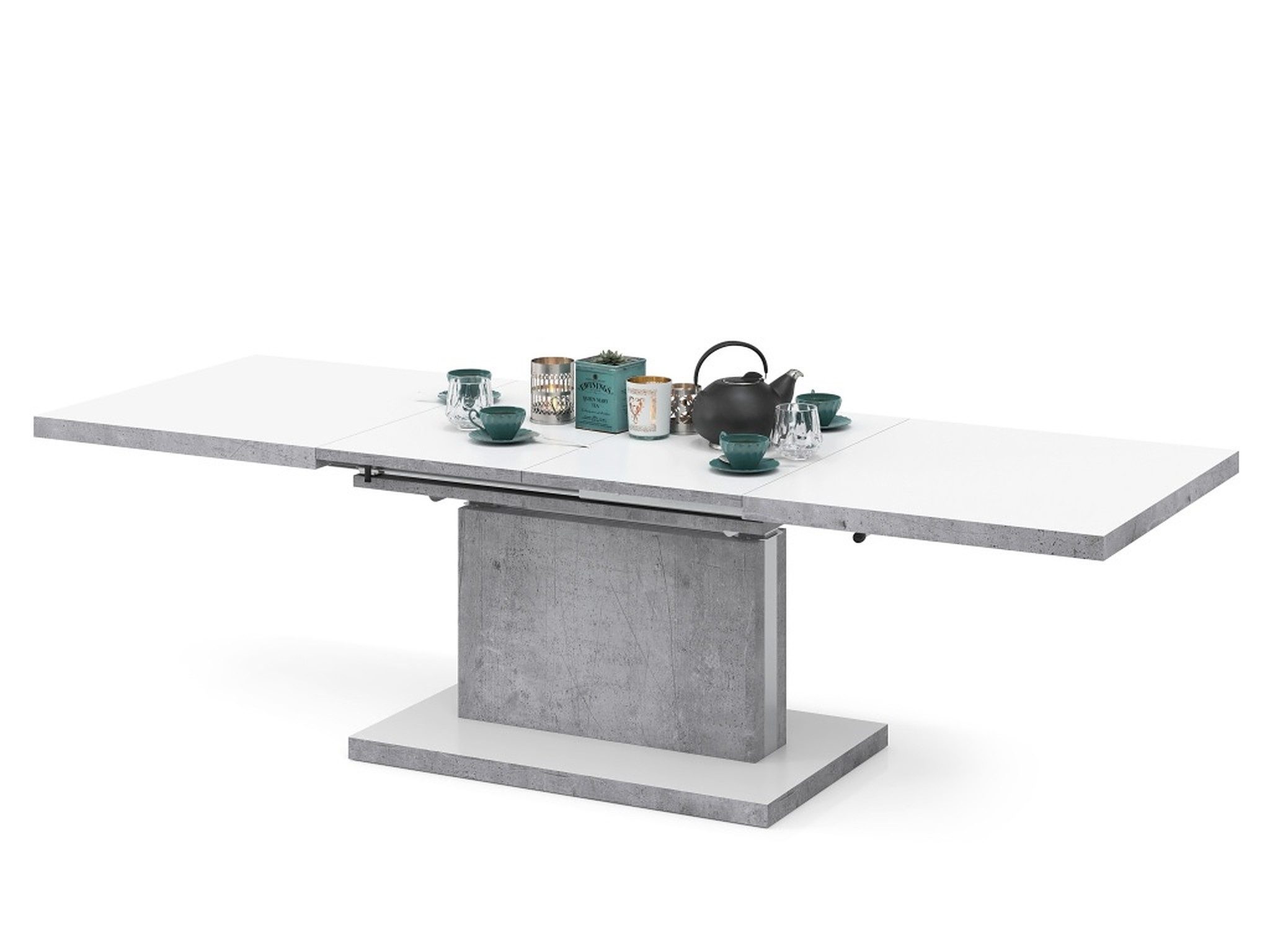 Mazzoni Couchtisch Aston Weiß Matt / Beton stufenlos höhenverstellbar ausziehbar 120-200, Funktionstisch, Wohnzimmertisch, Tisch, Esstisch, Sofatisch