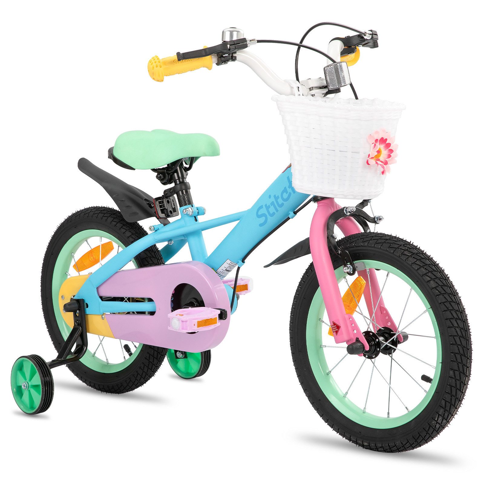 JOYSTAR Kinderfahrrad Macarons 12 14 16 18 Zoll fahrrad für 2-9 jährige Mädchen & Jungen, mit Korb,Stützrädern, Kotflügel, Korb, Fahrradklingel, Reflektorplatte