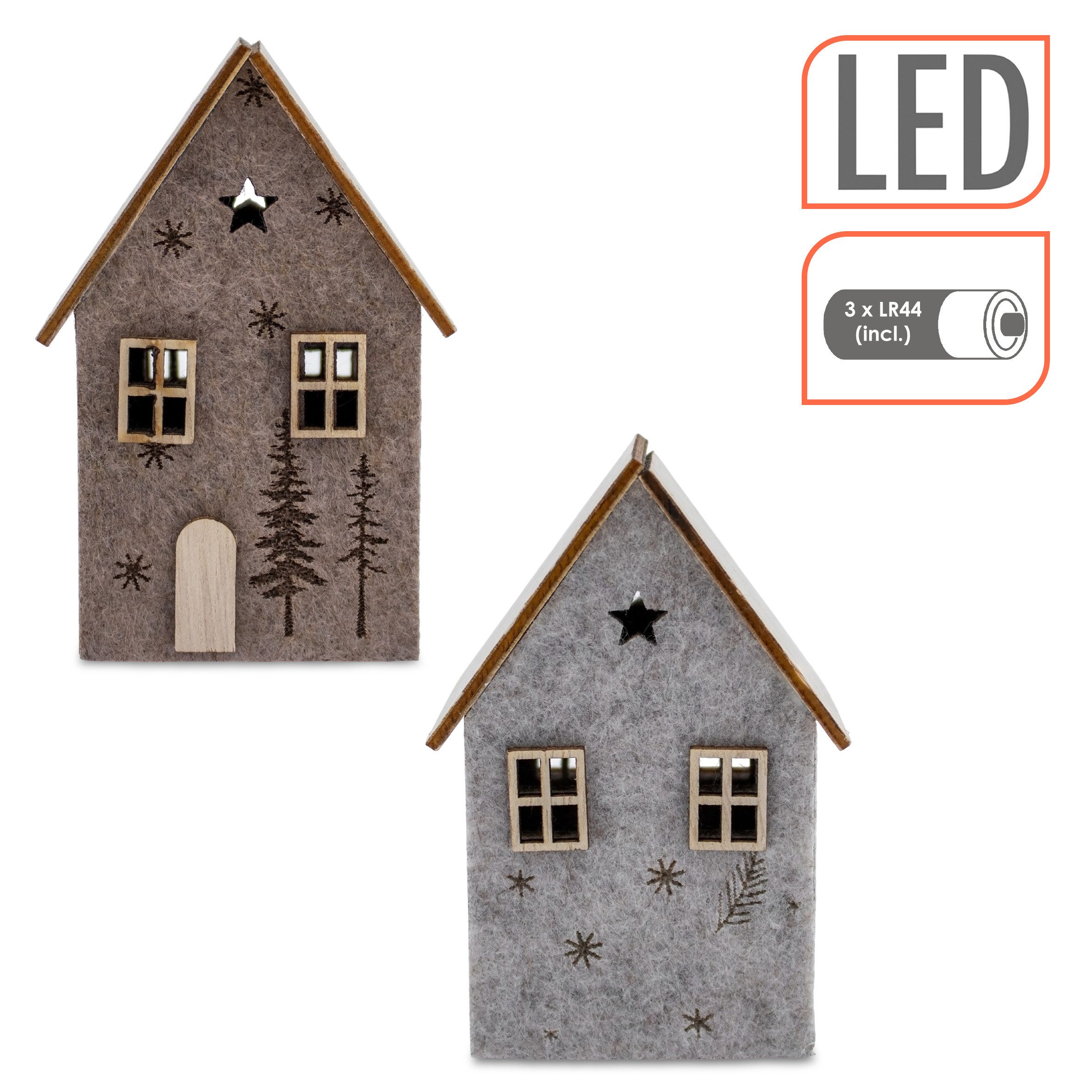 Spetebo LED Dekofigur LED Filz Winterhaus mit Holzdach 2er Set - 10 x 7 cm, Batterie betrieben, LED fest integriert, warm weiß, mit indirekter softer Beleuchtun – Bild 3 von 5