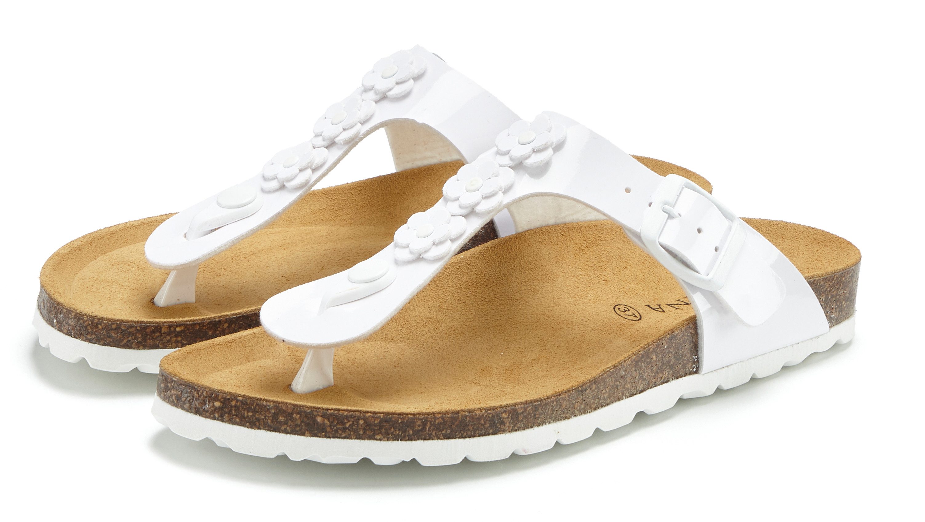 LASCANA Sandale, Pantolette, offener Schuh, Sommerschuh, Zehentrenner mit modischer Applikation und Komfortkorkfußbett aus Leder