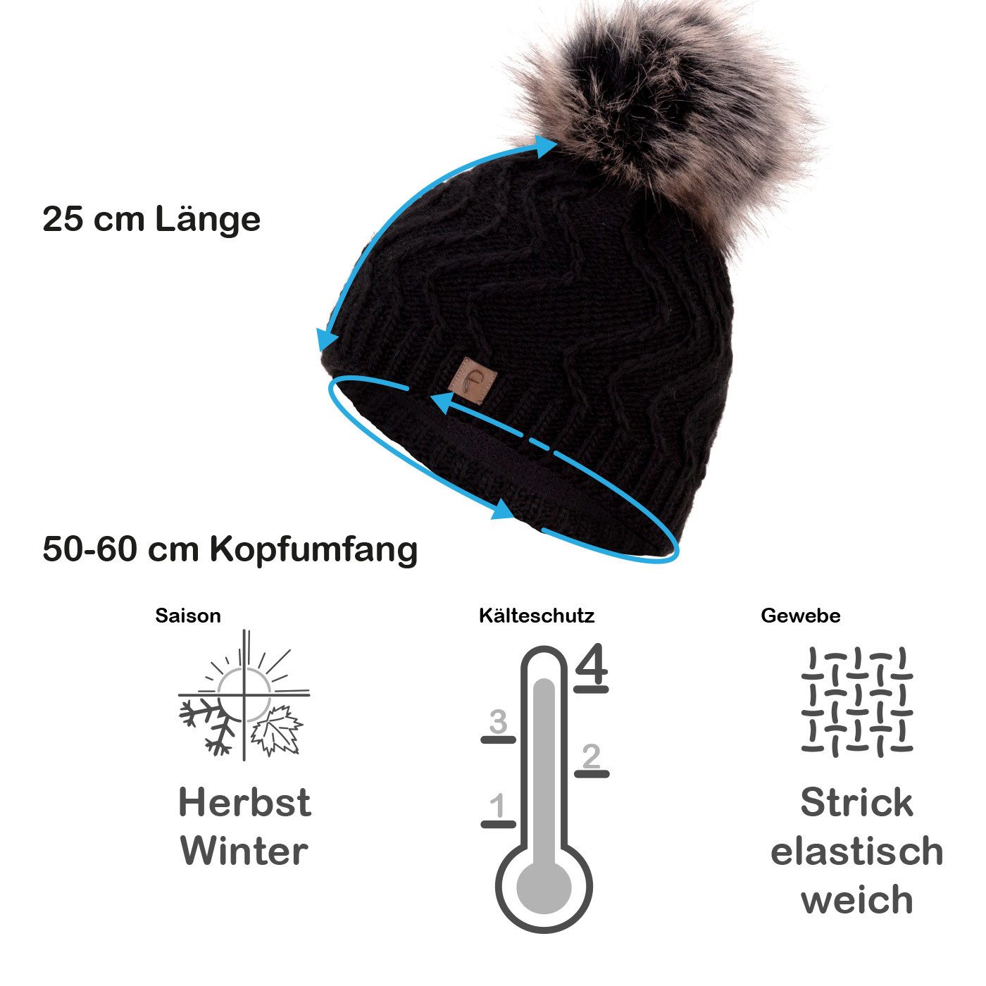 Faera Bommelmütze Wintermütze Damen Herren Mütze Beanie Haube gefüttert Bommelmütze