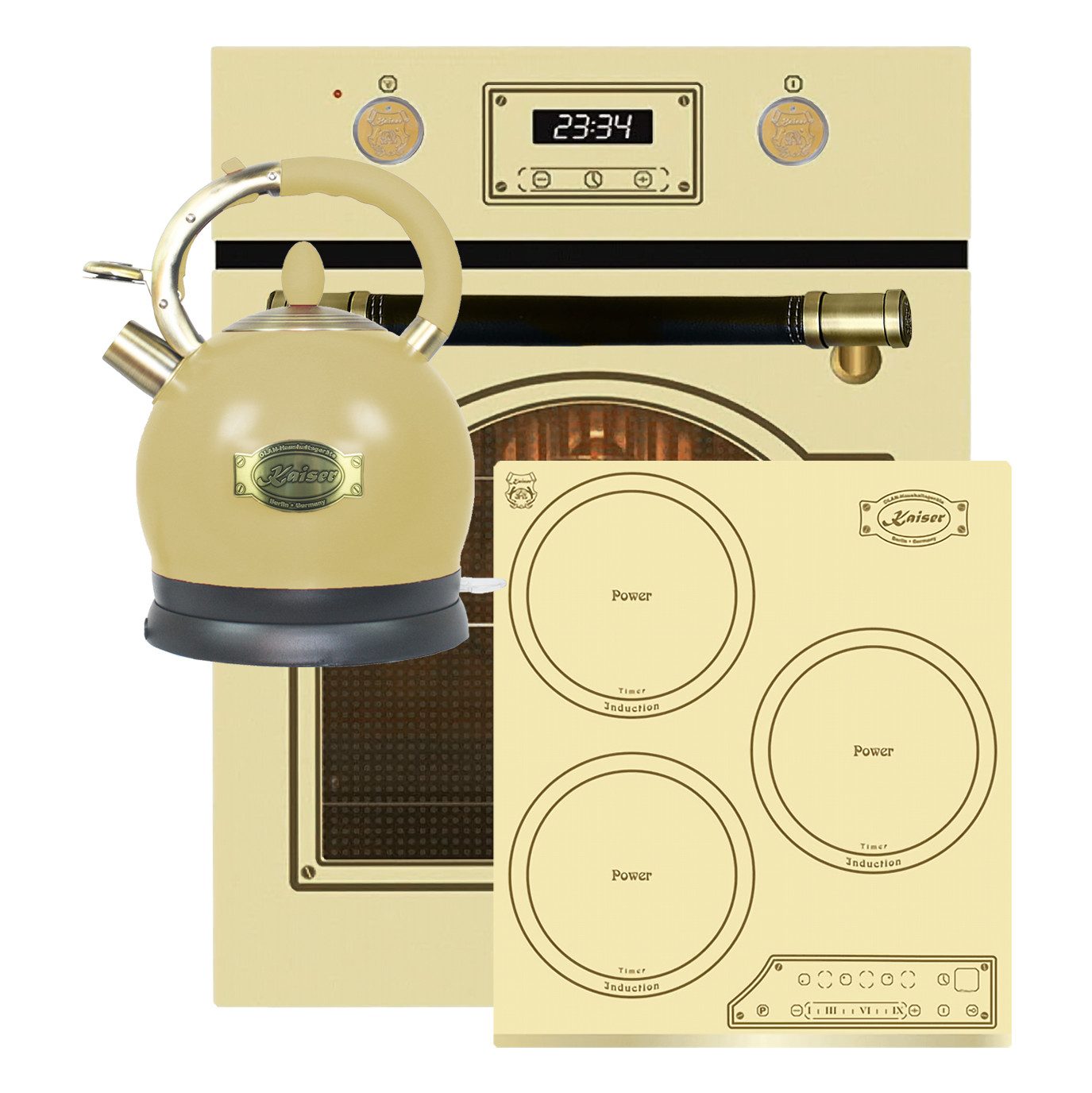 Kaiser Küchengeräte Backofen-Set EH 4796 ElfAD+KCT 4795 FI ElfAD+Wk 2000 ElfEm, mit 1-fach-Teleskopauszug, Retro Backofen Einbaubackofen 45 cm+Einbau Herd 45 cm+Wasserkocher