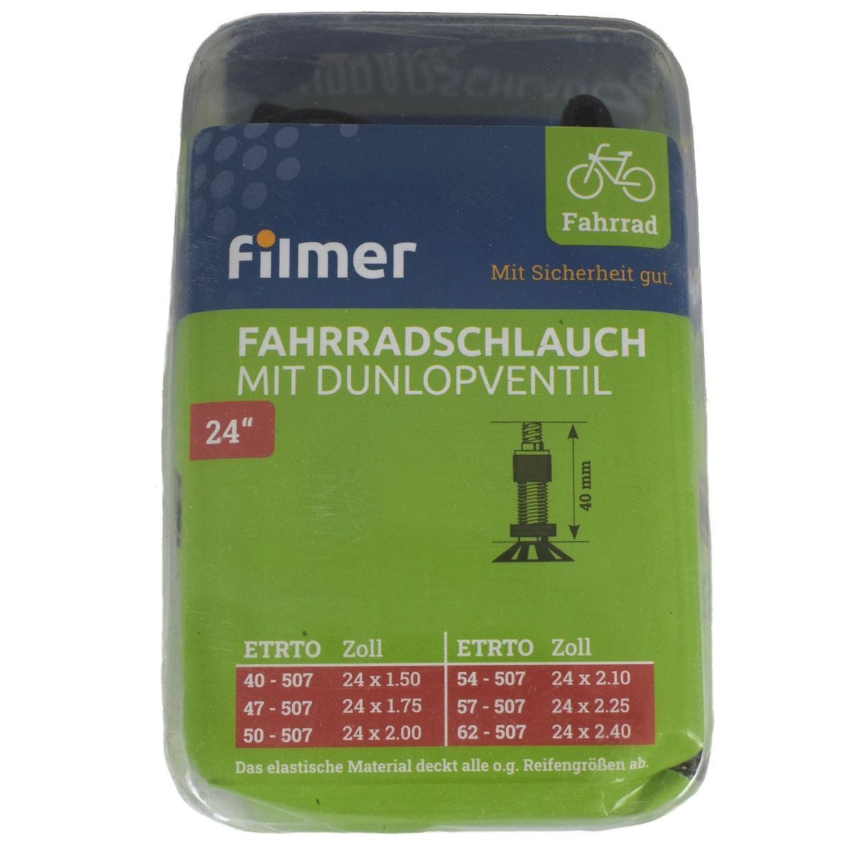Filmer Fahrradschlauch Fahrradschlauch mit Dunlopventil in verschiedenen Größen, 24 Zoll, mit Dunlopventil, formgeheizt